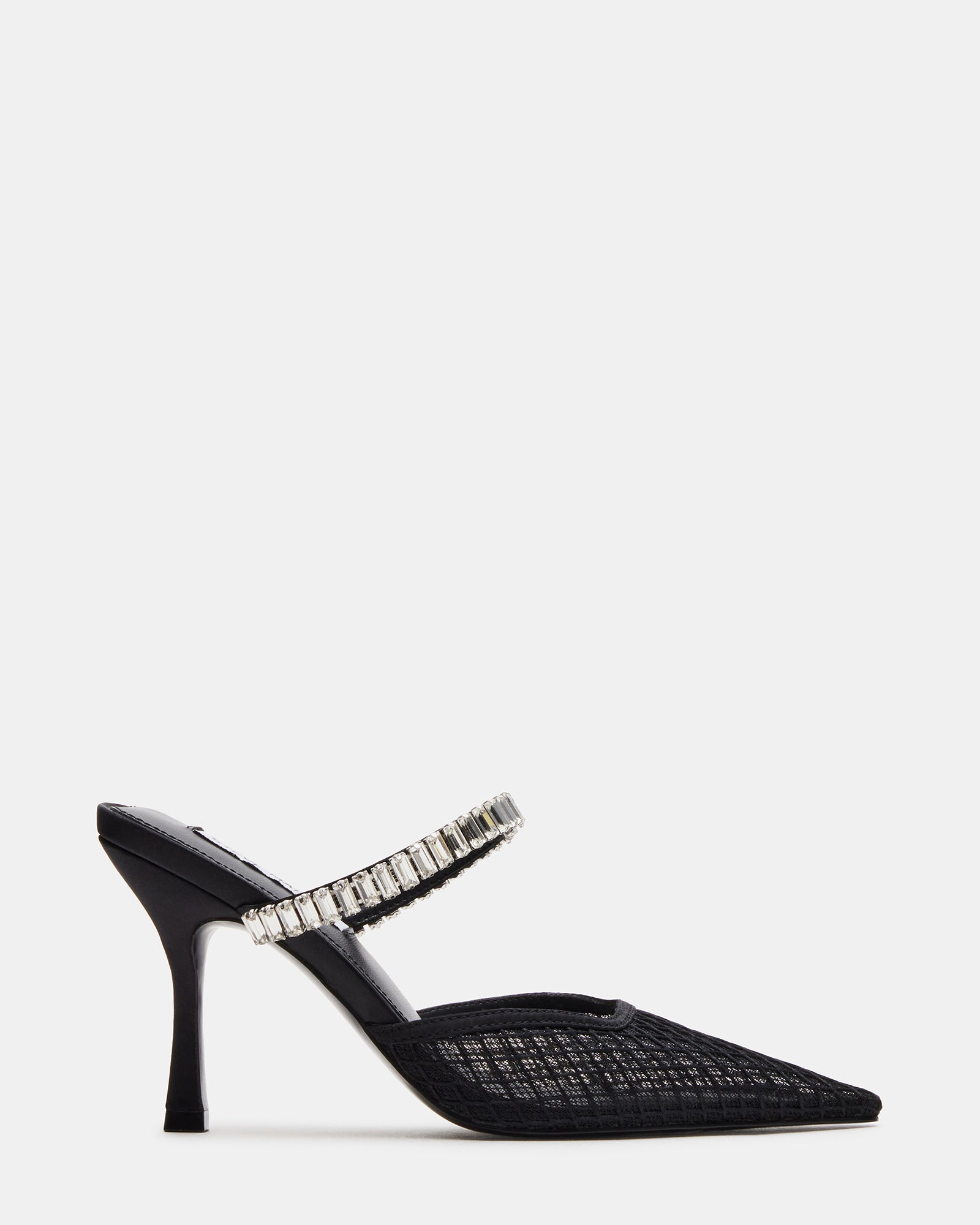 Side view of black pointed toe heels with rhinestone embellishments