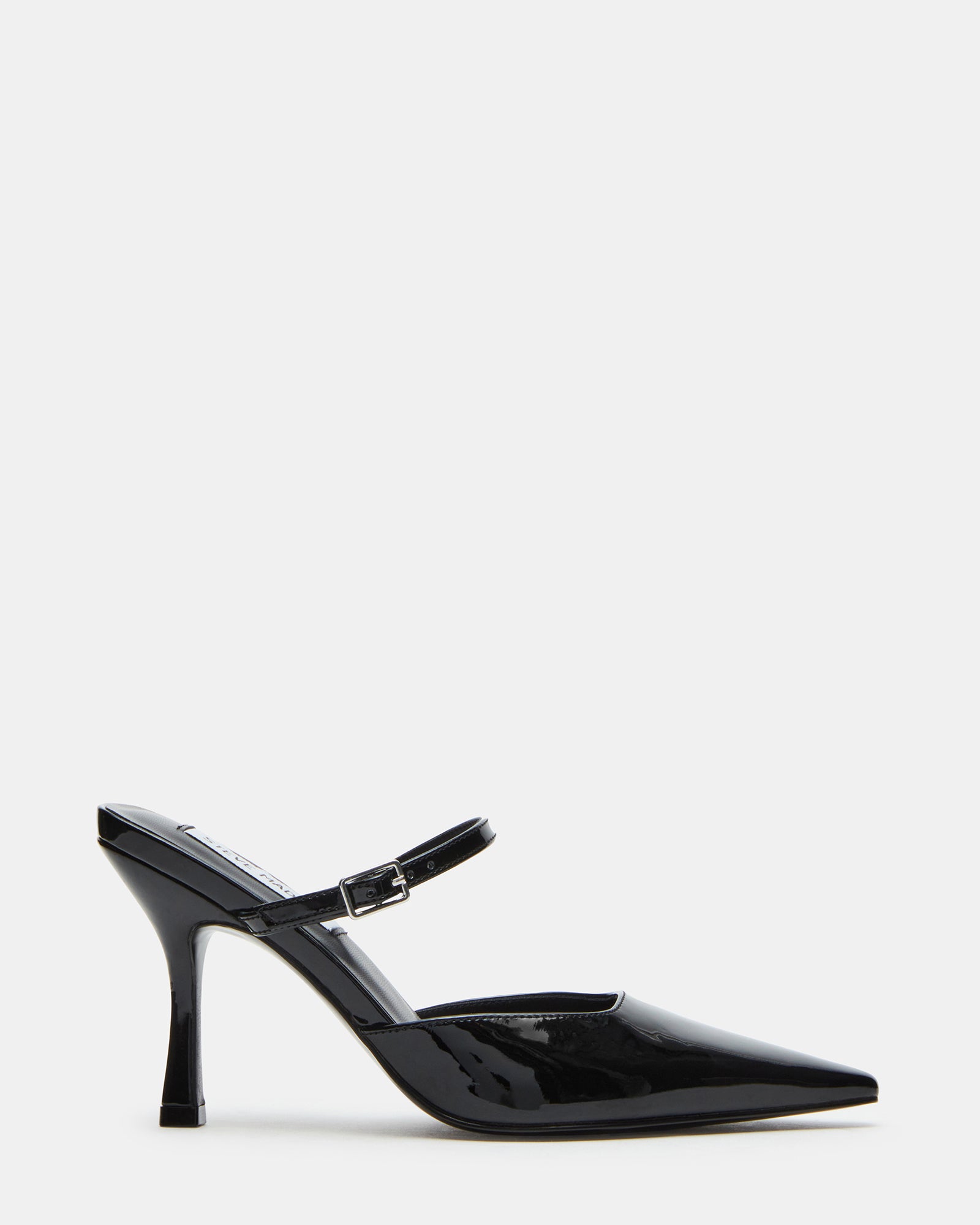 Side view of Brecki Luxe black patent mules showcasing the pointed toe.