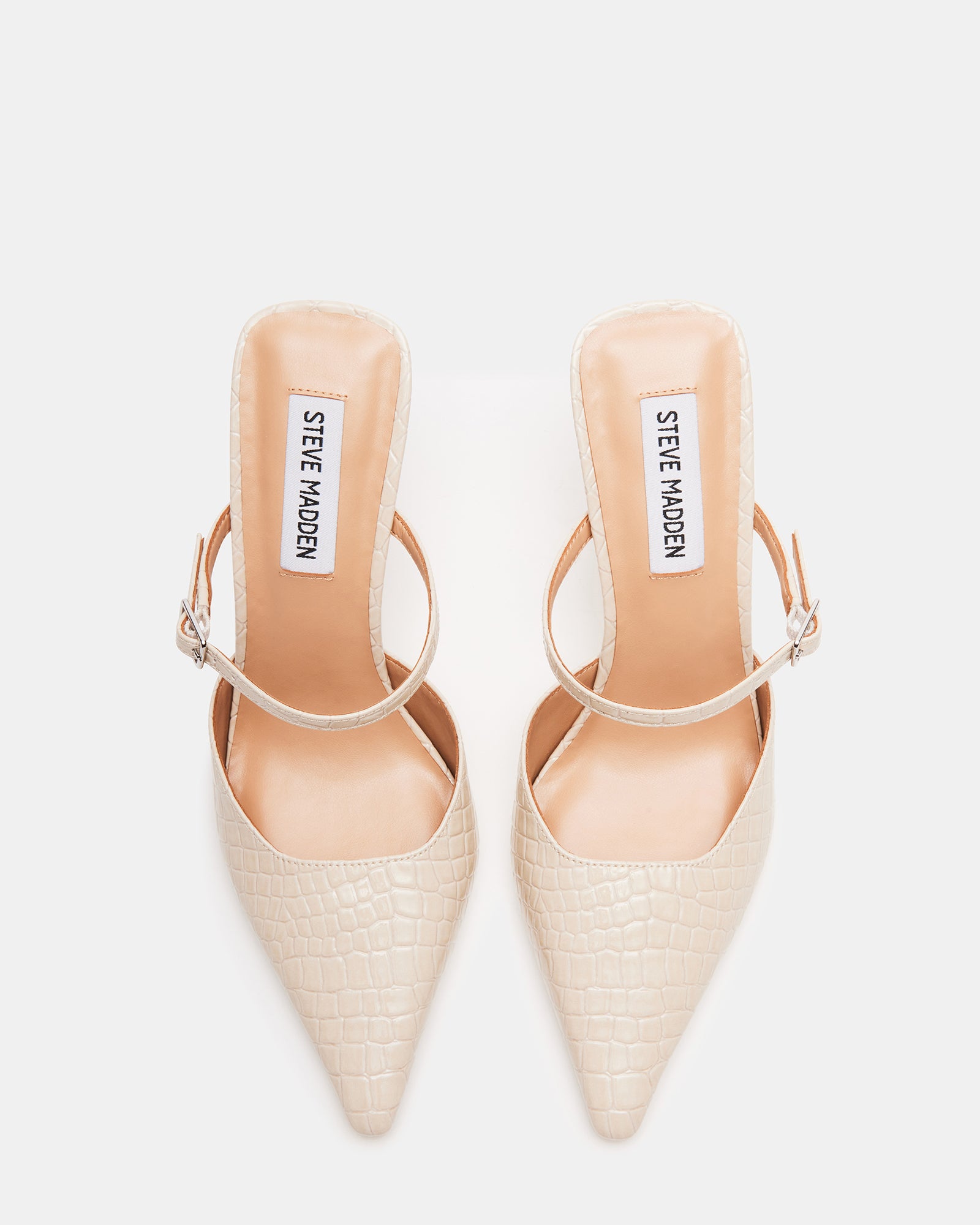 Stylish Brecki luxury mule heels showcasing a crocodile texture in beige.