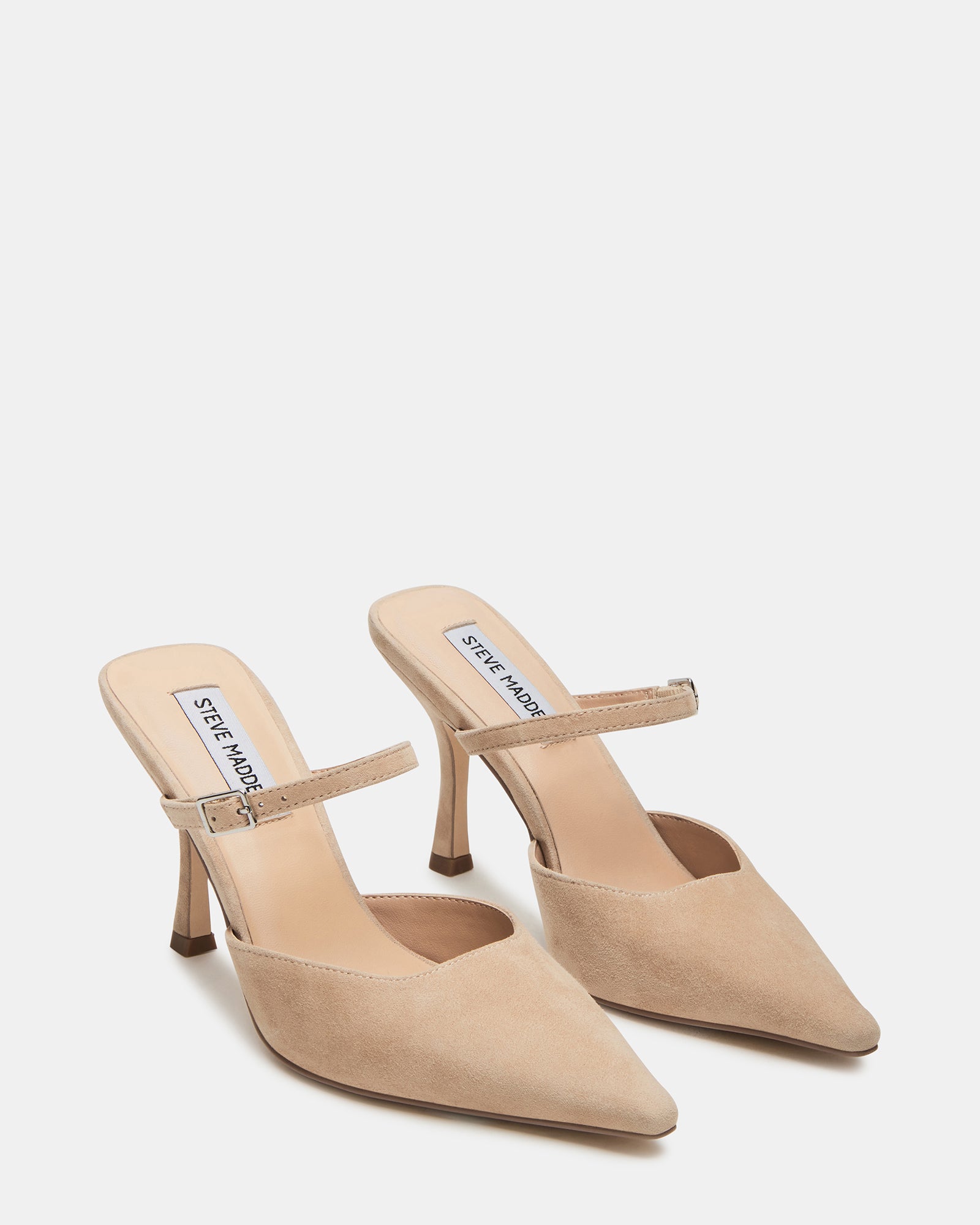 Close-up of taupe suede texture and 3.75-inch kitten heel
