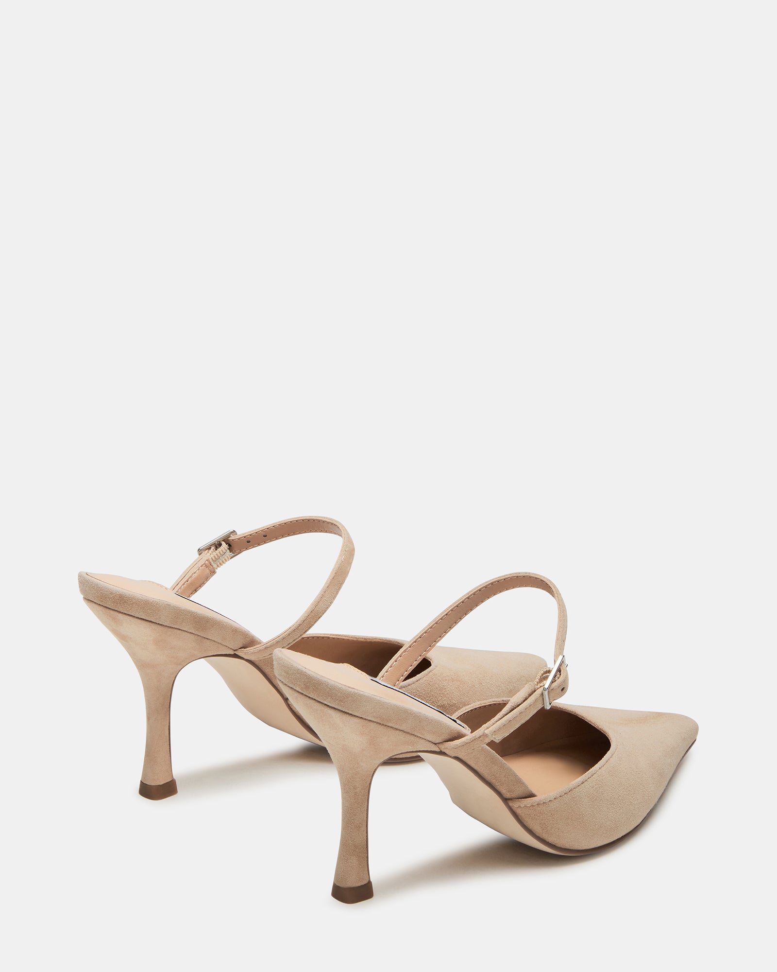 Close-up of taupe suede texture and 3.75-inch kitten heel