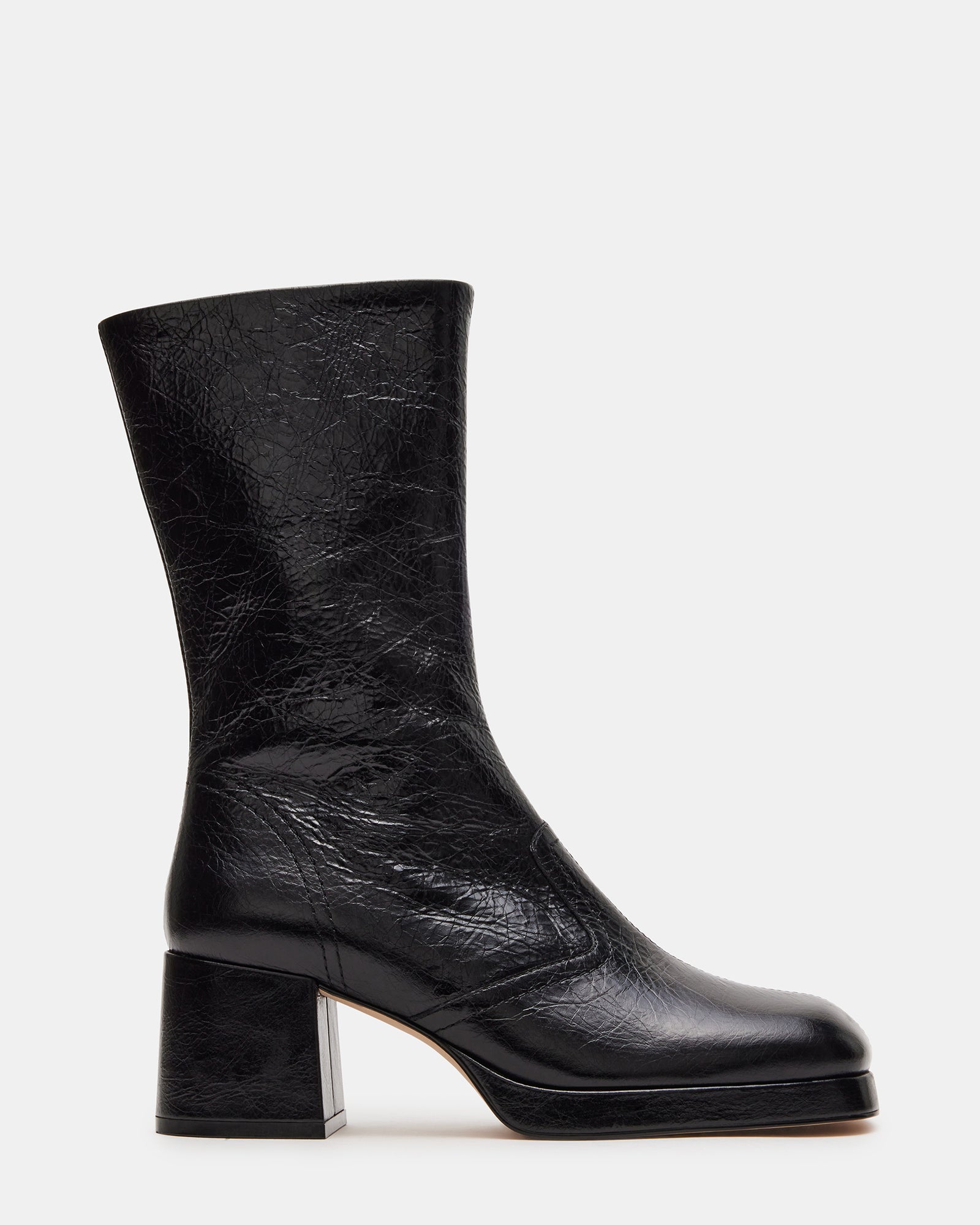 Side view of Brentwood black leather ankle booties with square toe and block heel