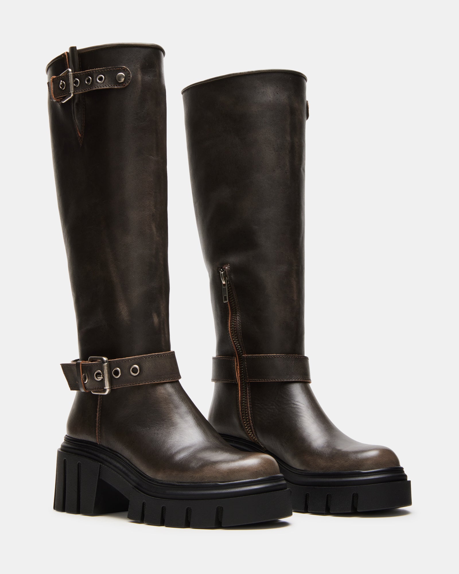 Front shot of rugged motorcycle boots with lug sole detail