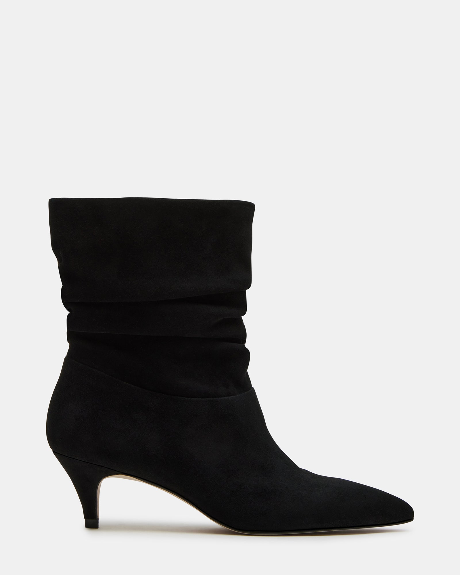 Side view of black suede kitten heel boots showcasing pointed toe and scrunched detailing