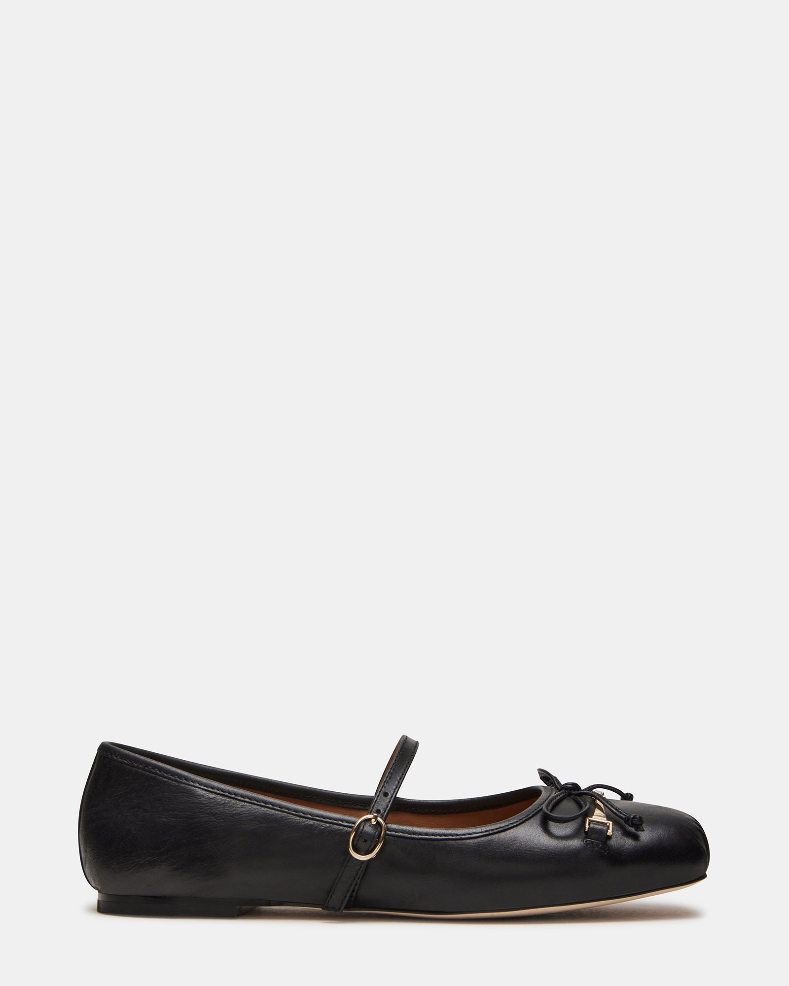 Front view of BRIO black leather ballet flats with bow detail