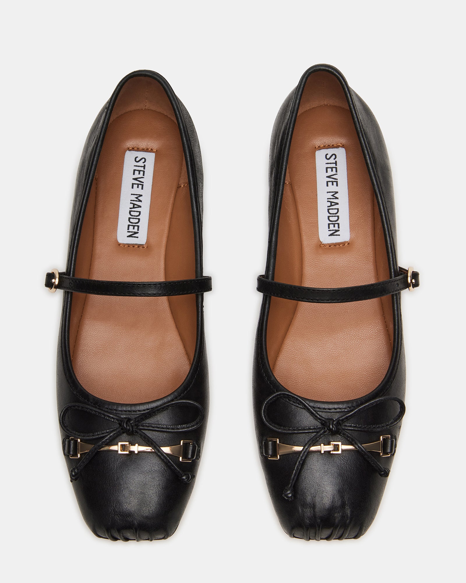 Front view of BRIO black leather ballet flats with bow detail