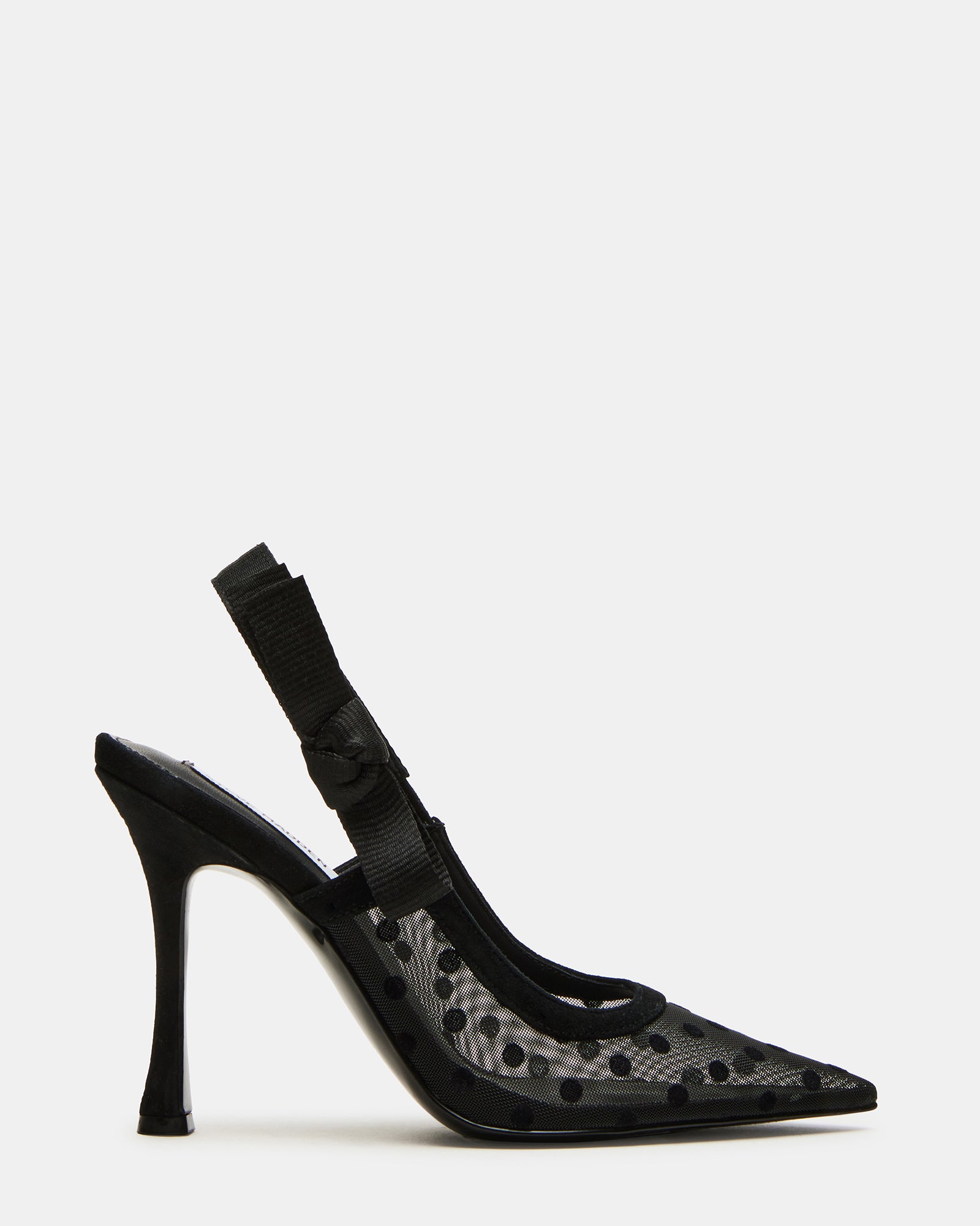 Front view of black slingback pumps with polka dot ribbon and bow accent