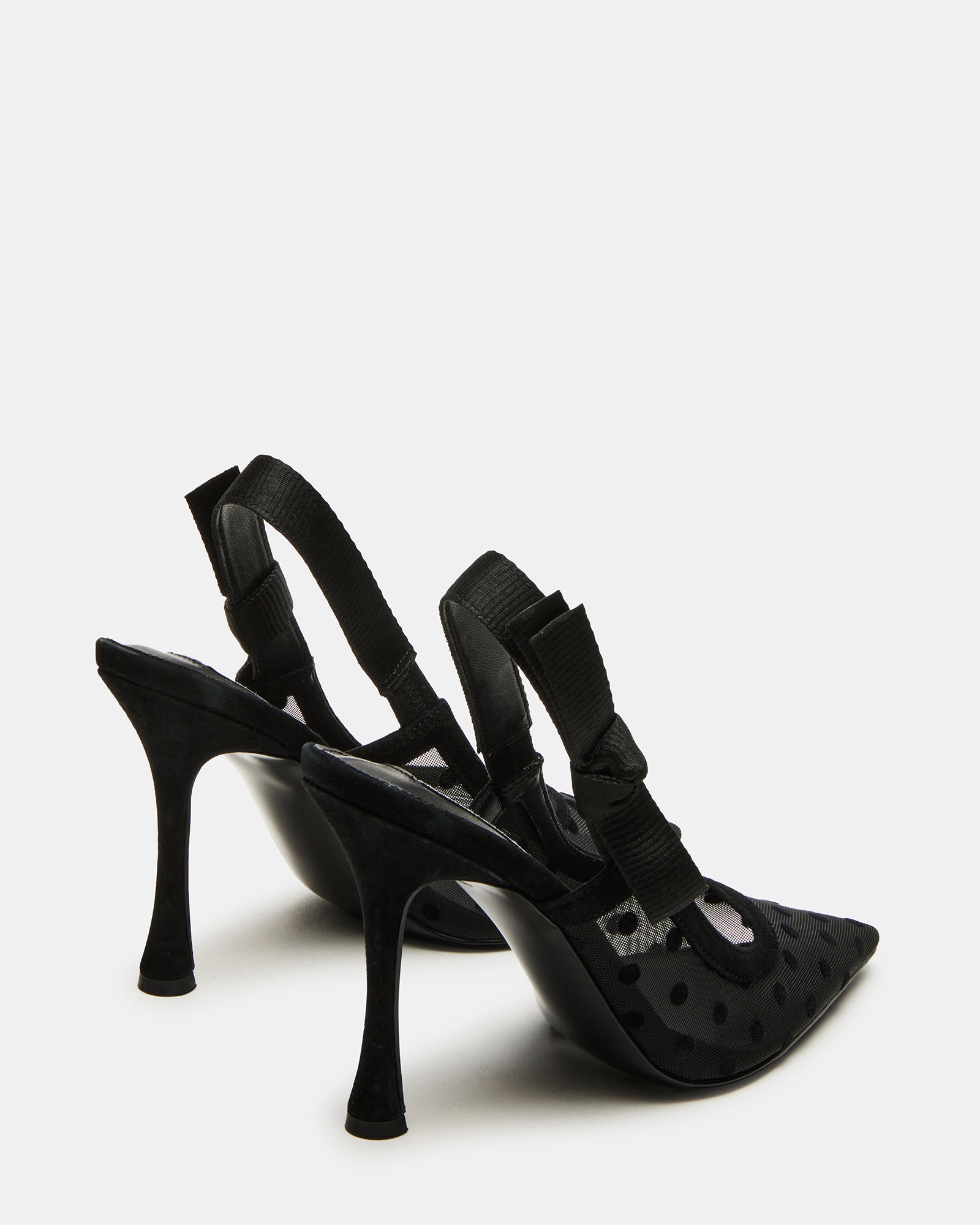 Close-up of the grosgrain ribbon and bow detail on the slingback strap