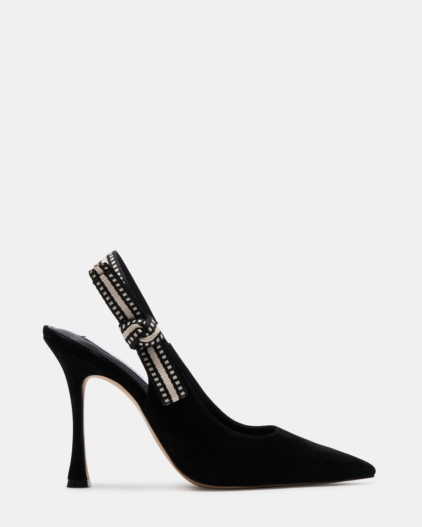 Black suede slingback heels with bow accent, front view.