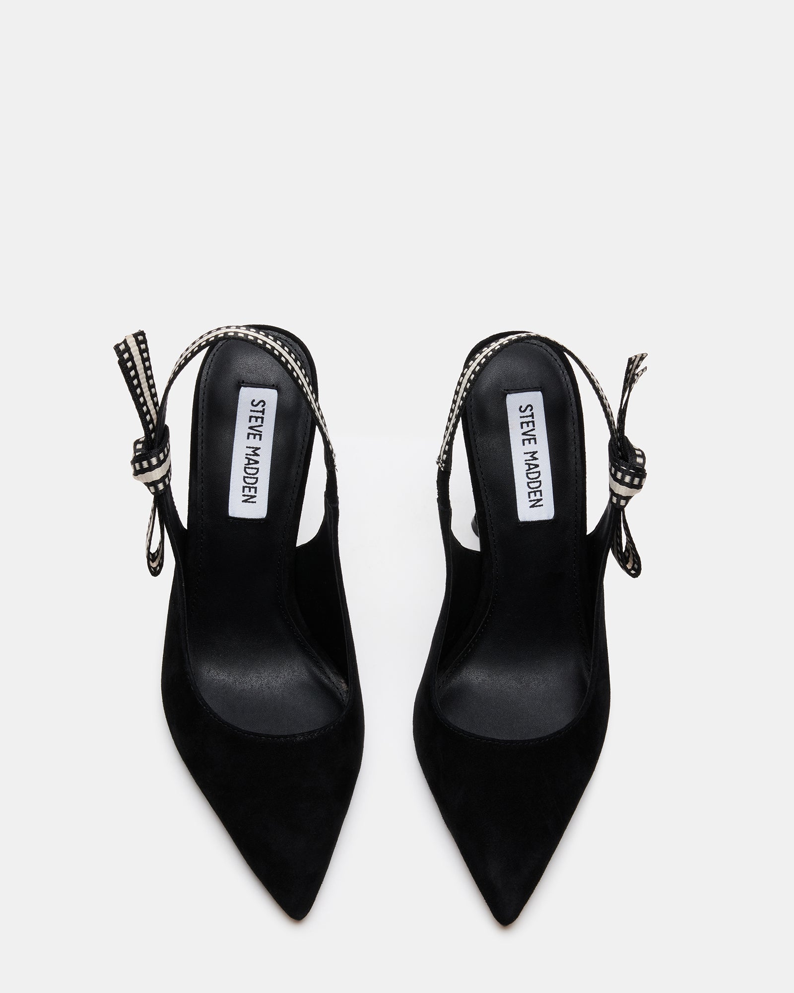 Close-up of grosgrain ribbon bow detail on slingback strap.