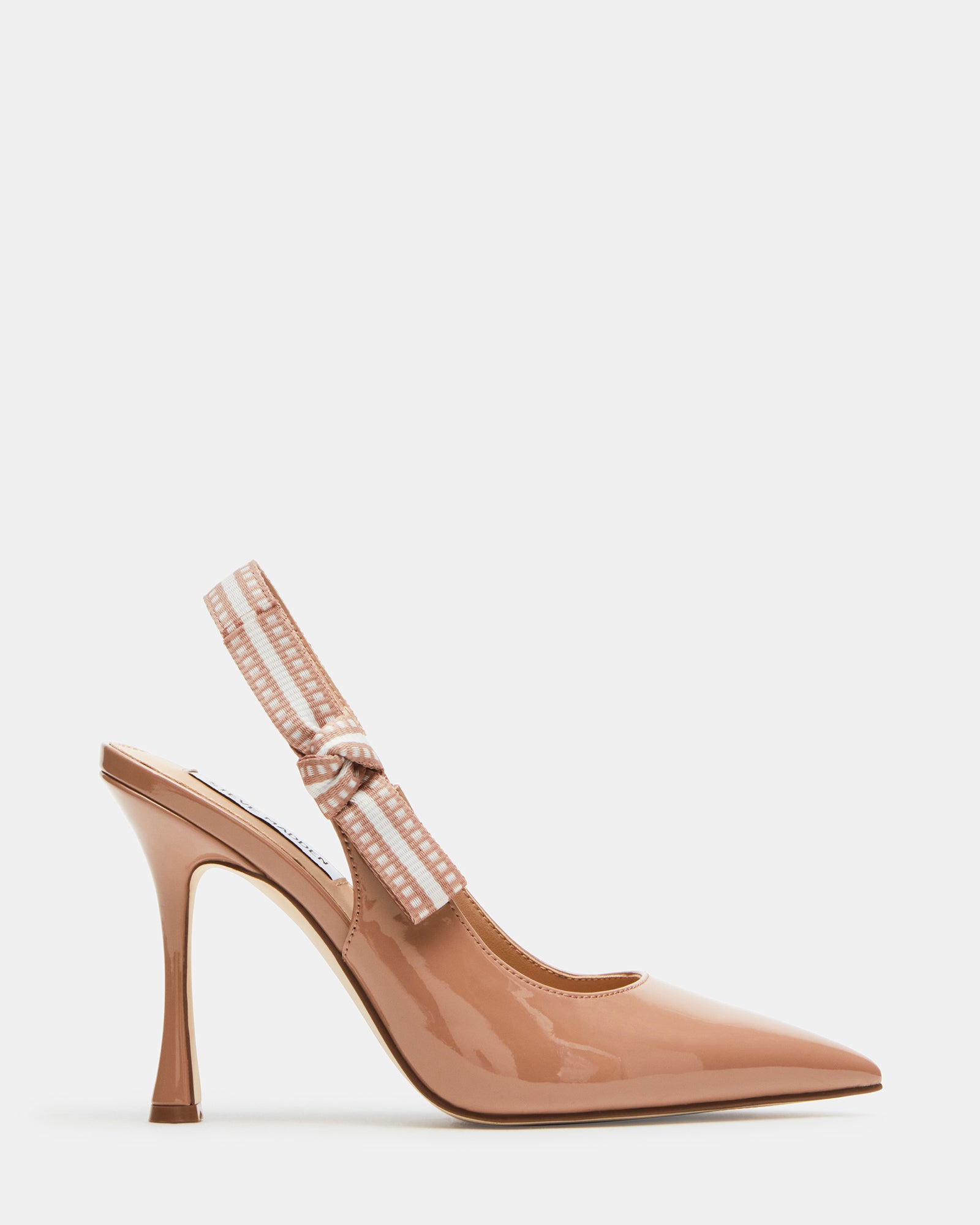 Side view of blush patent point toe pumps with bow accent and 4-inch heel