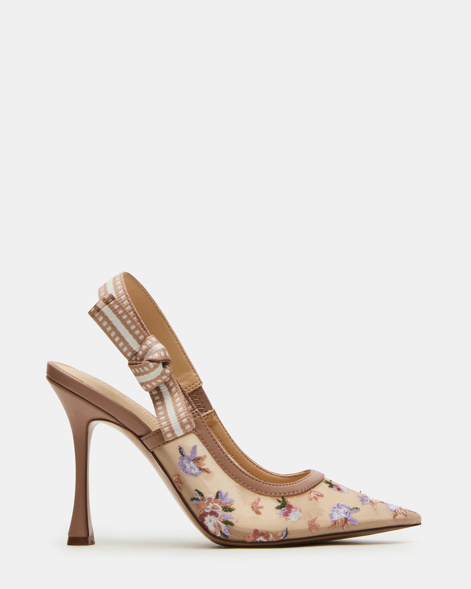 Close-up of the stylish bow on the slingback pointed toe pumps.