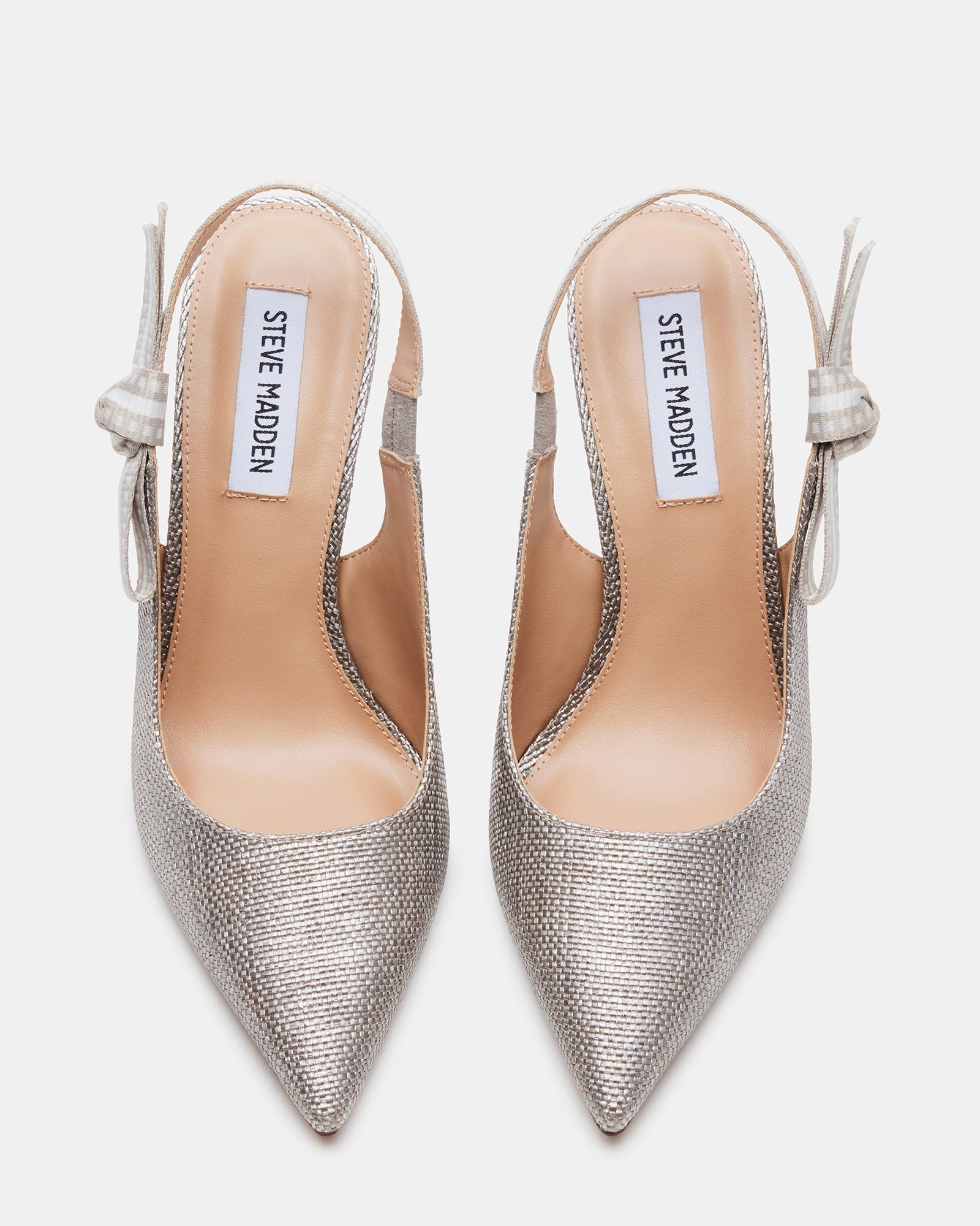 Close-up of the grosgrain ribbon bow on these slingback low-heel pumps
