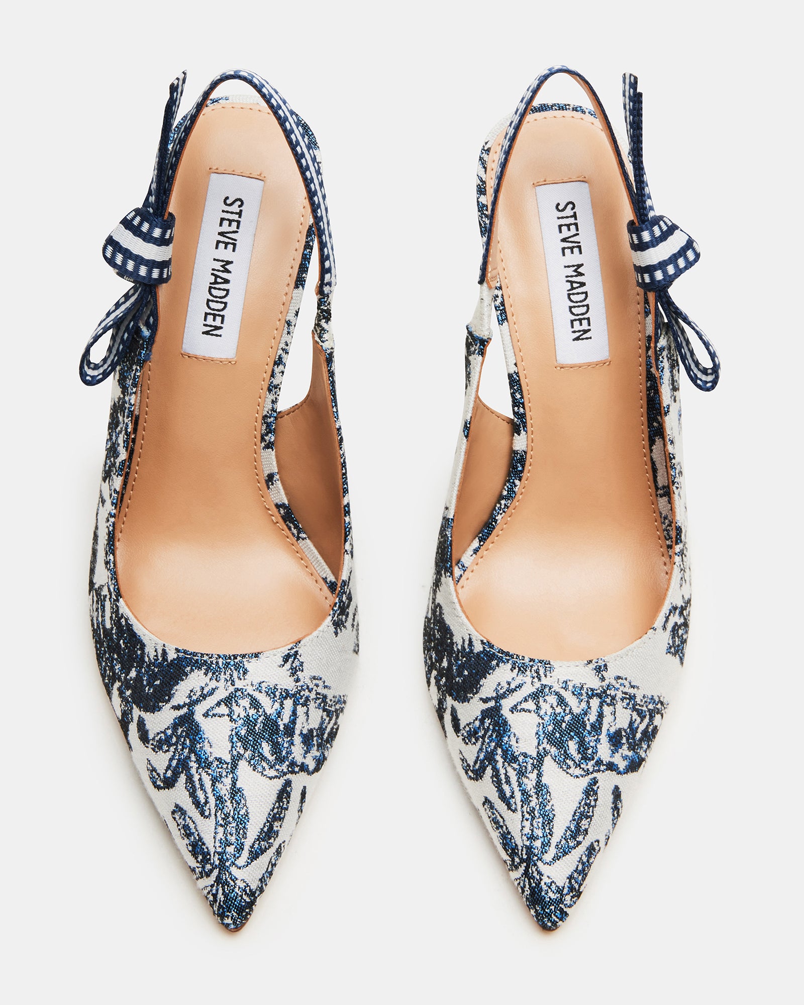 Close-up of BRI stiletto pumps with grosgrain bow accent