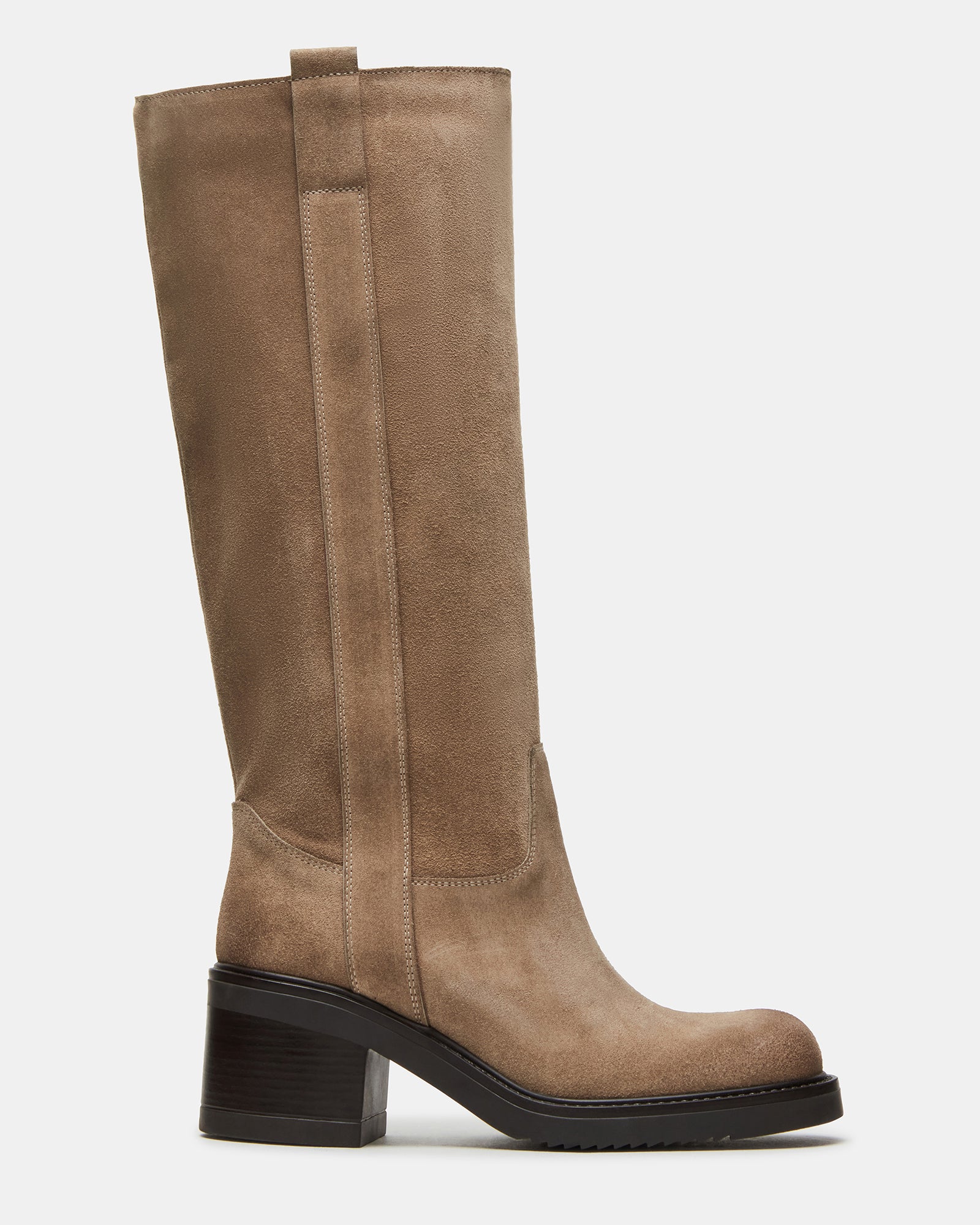 Side view of Buckley Sand suede knee-high boots showing the rounded toe and block heel