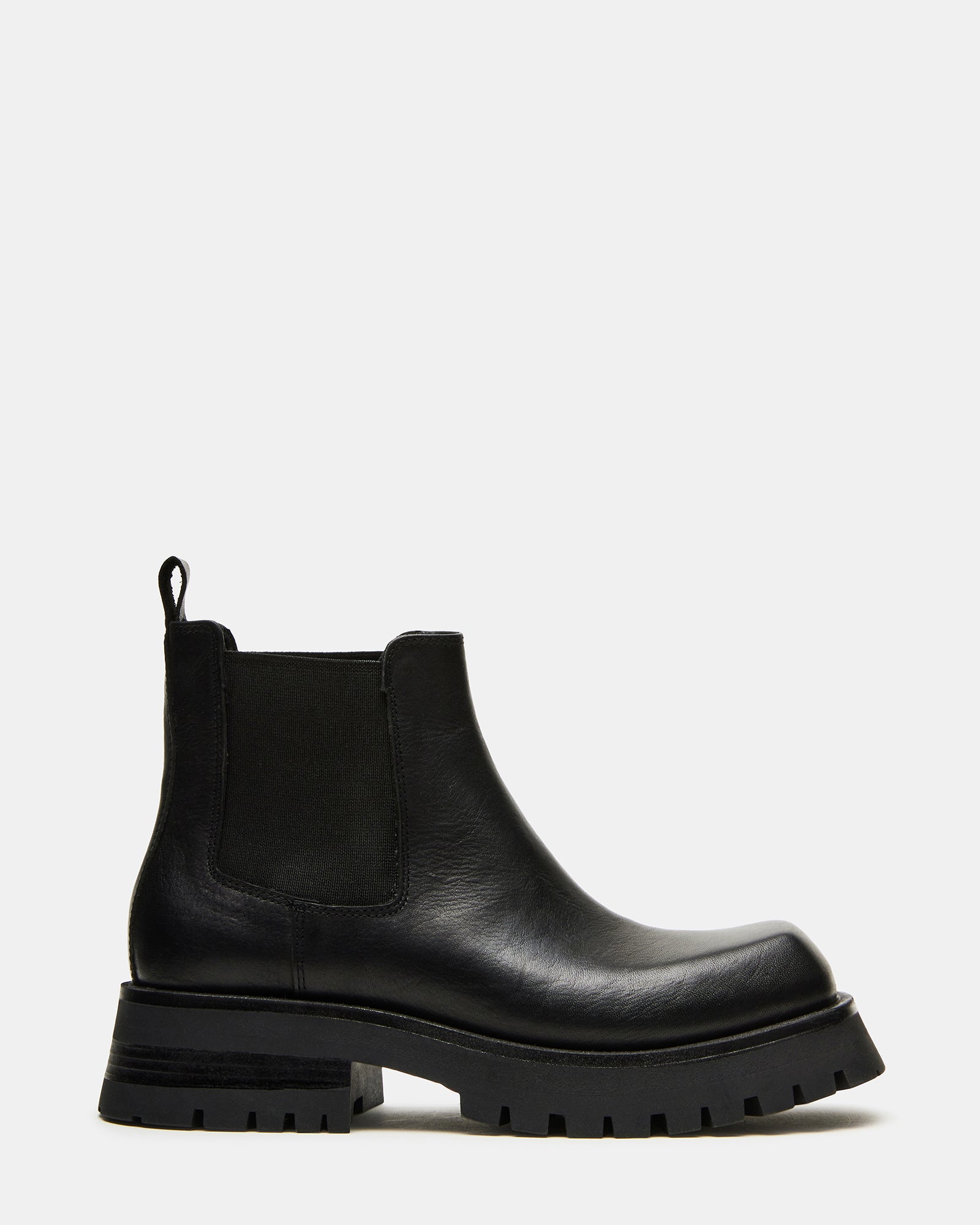 Side view of Burley black Chelsea boots on display.
