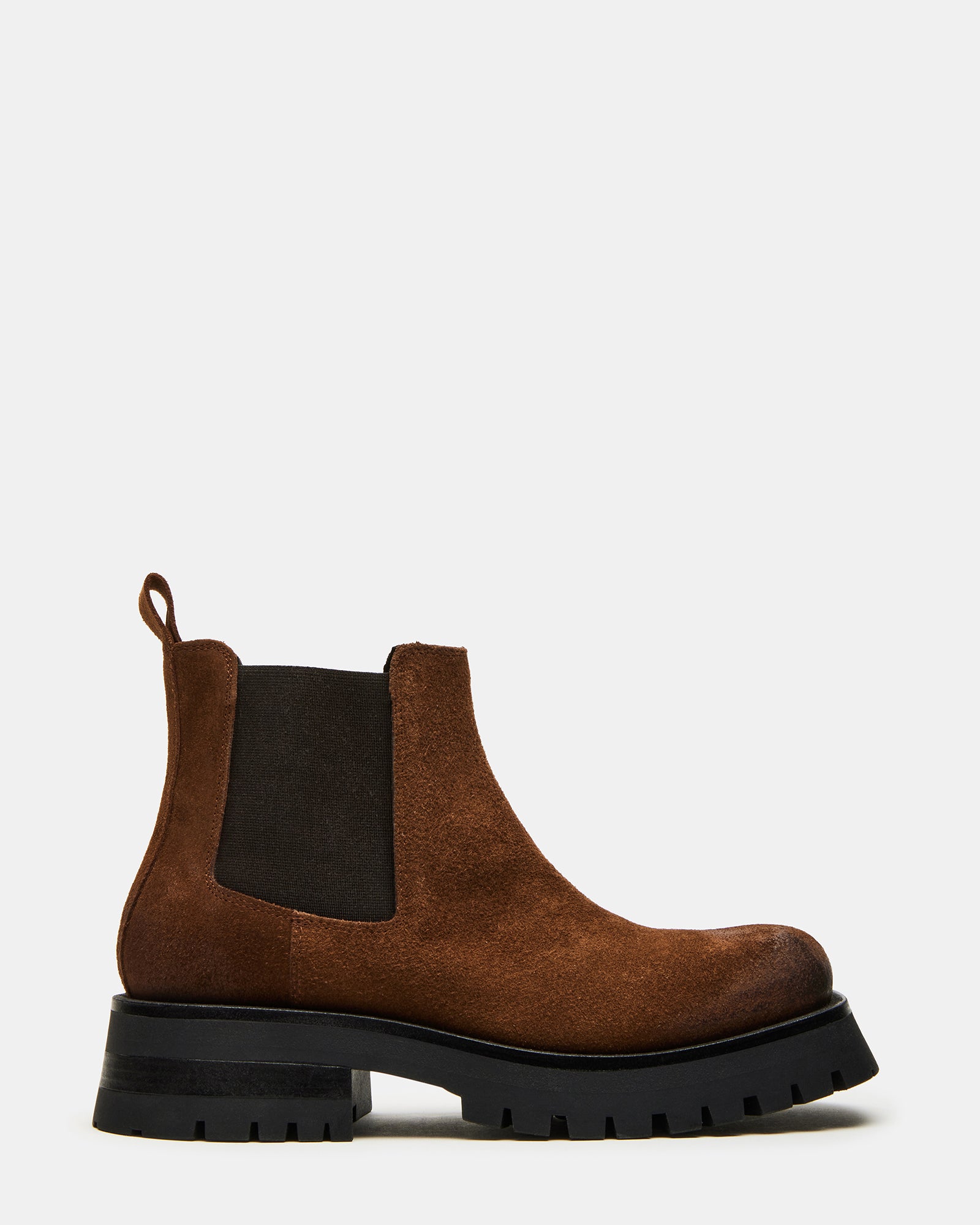 Burley chestnut suede Chelsea boots from the side with casual outfit.
