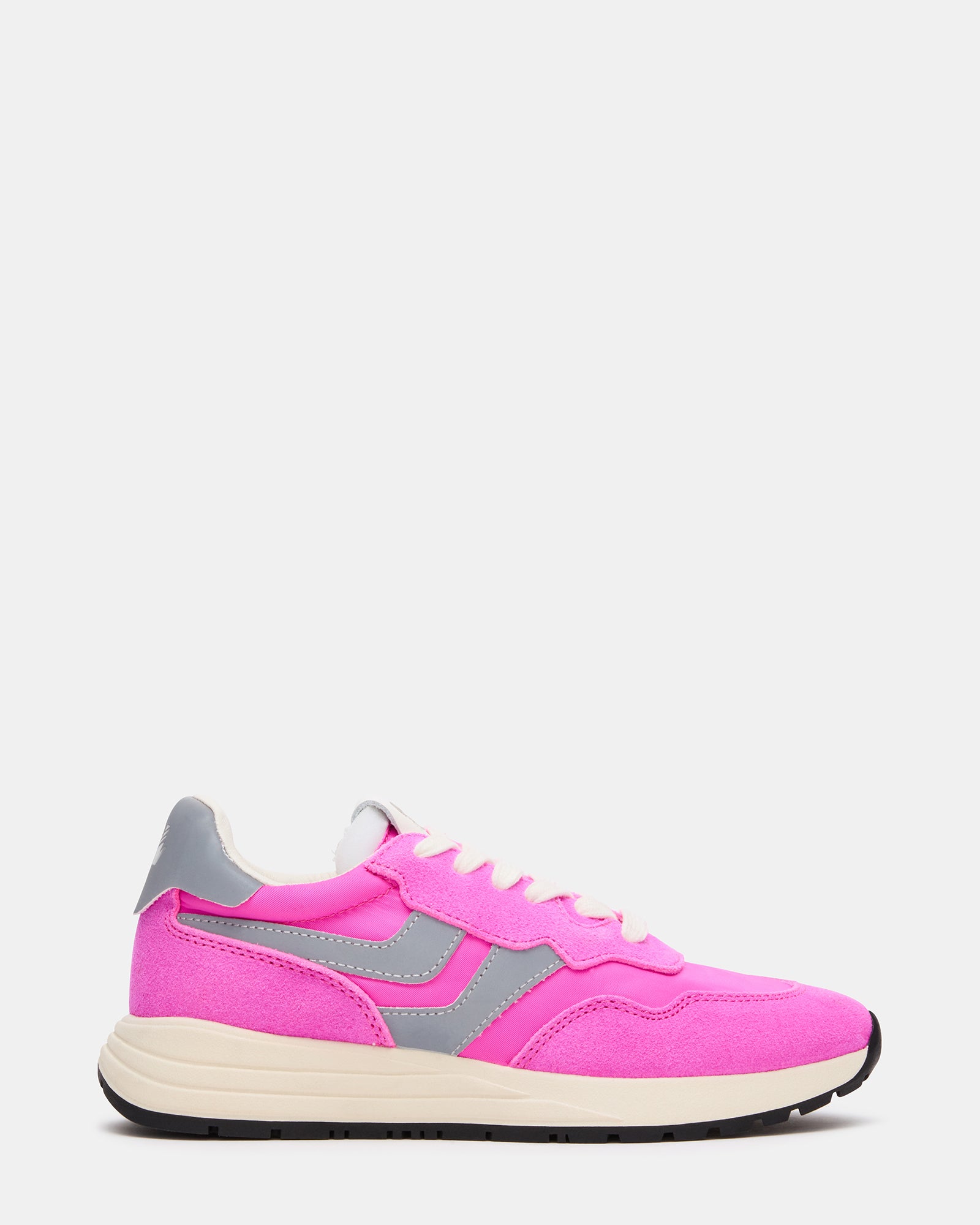 Side angle of Vibrant Burst women's fashion sneakers showcasing pink and white design.