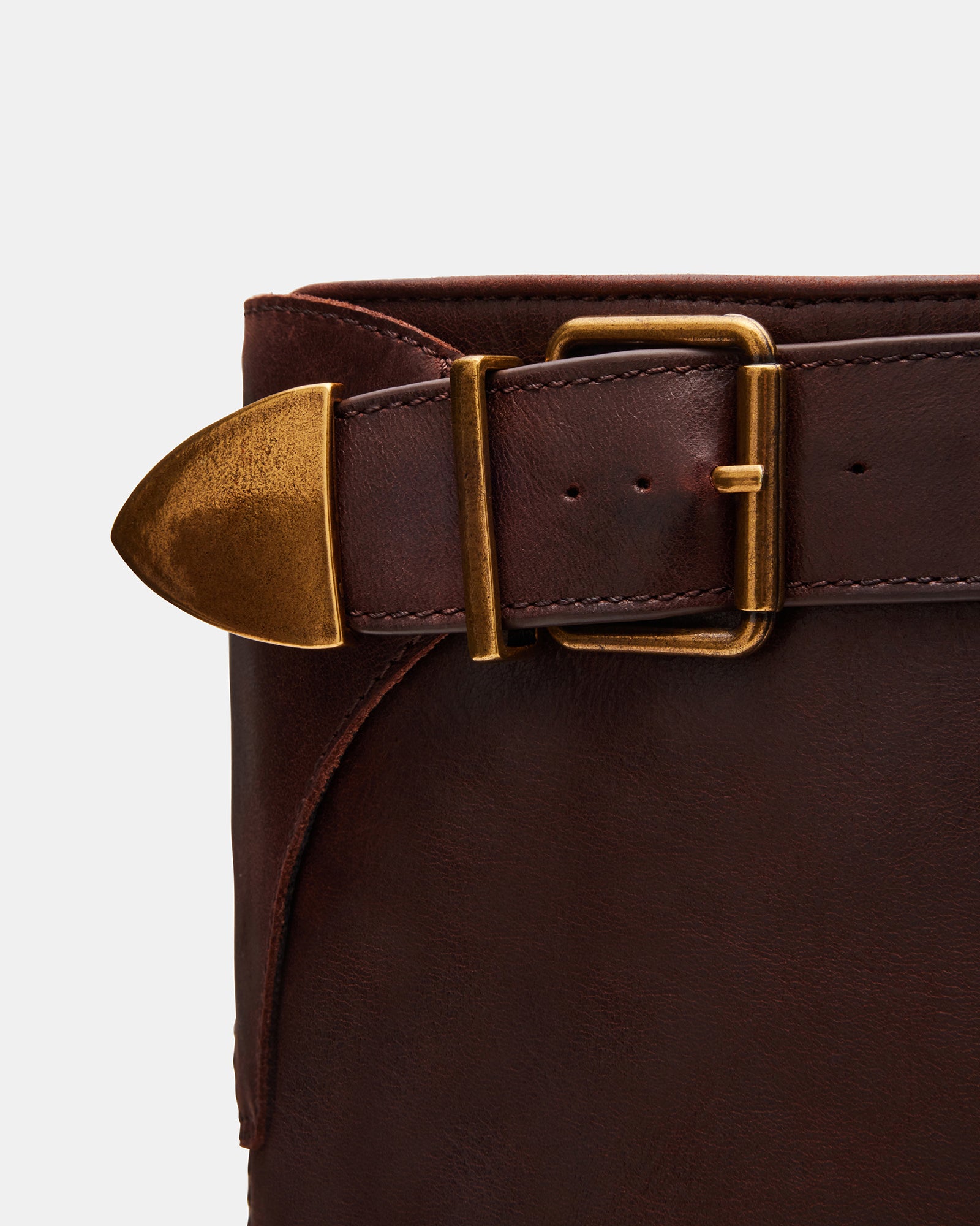 Close-up of leather boots cognac finish and stitching details