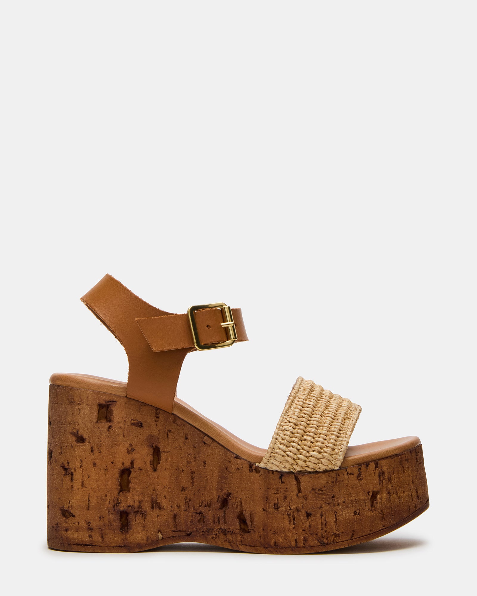 Side angle of wedge sandals showing raffia texture and ankle strap detail