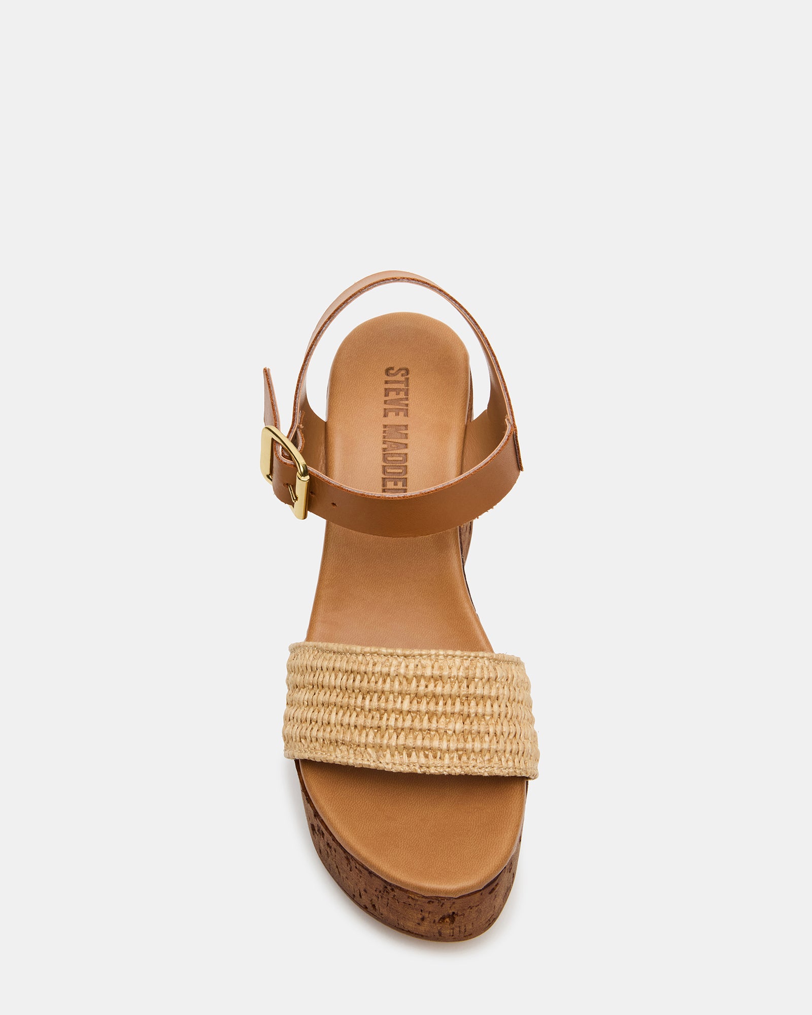 Side angle of wedge sandals showing raffia texture and ankle strap detail