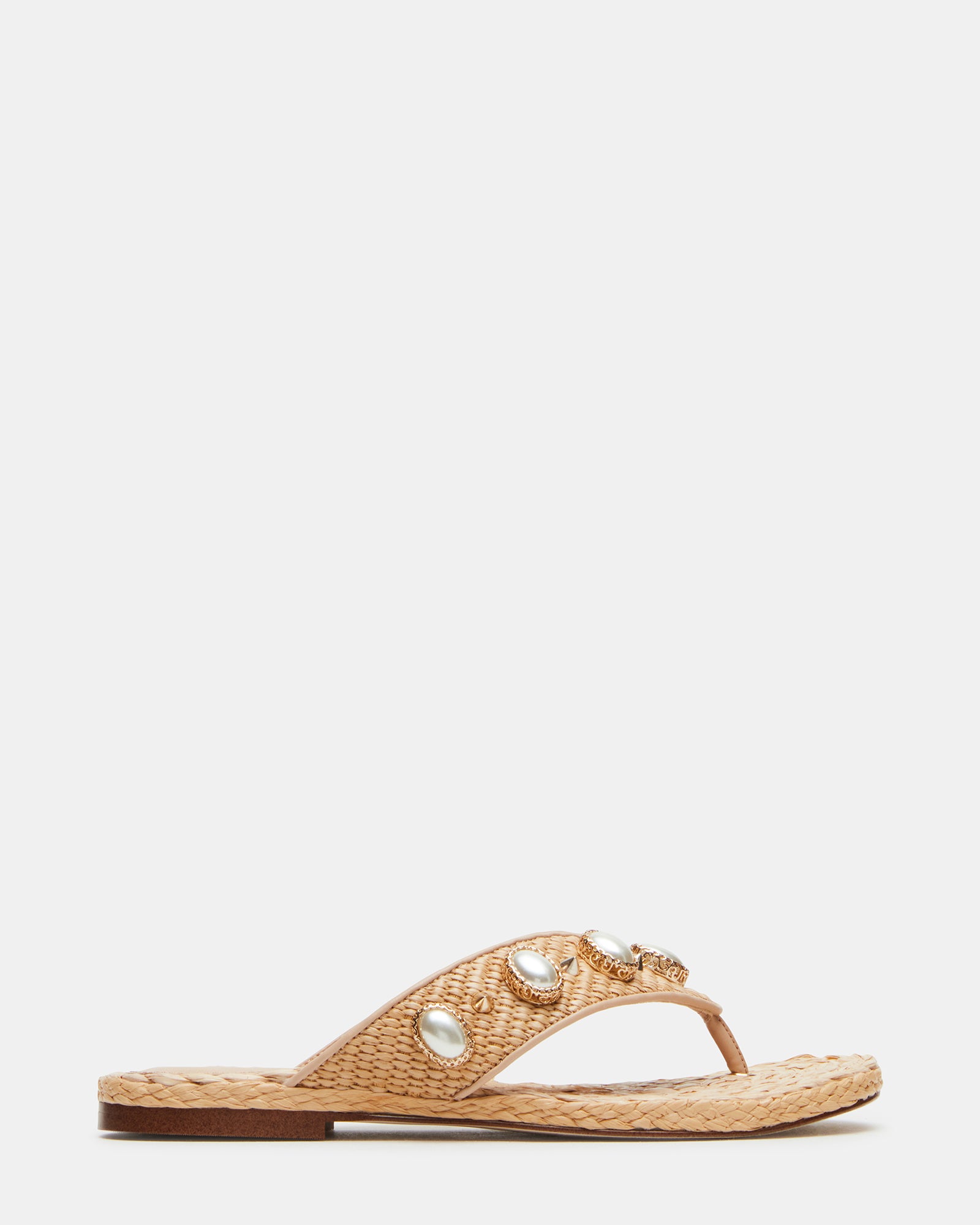 Close-up of pearl embellishments on raffia heeled sandals
