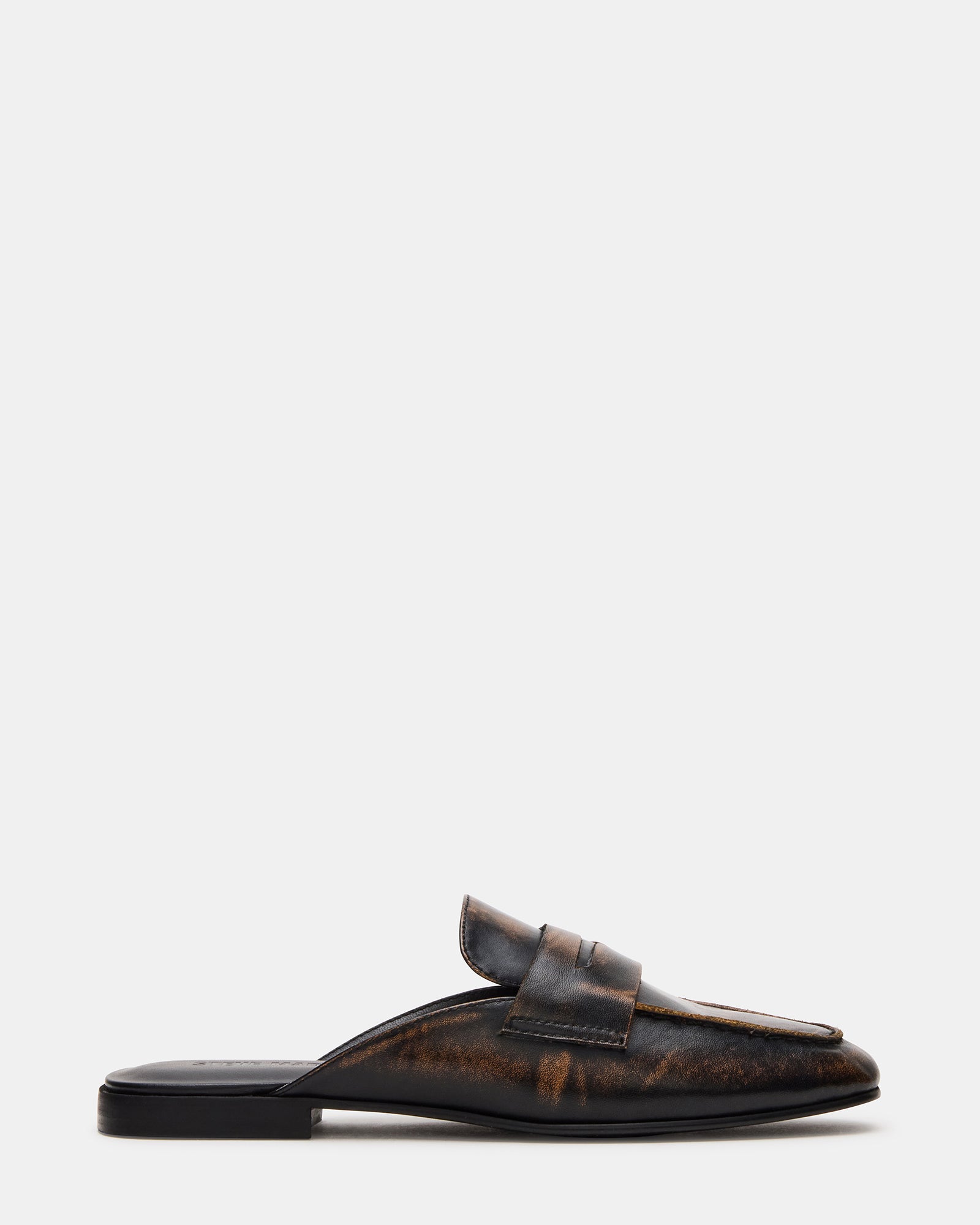 Side view of Caleb brown leather mules showcasing the distressed texture.