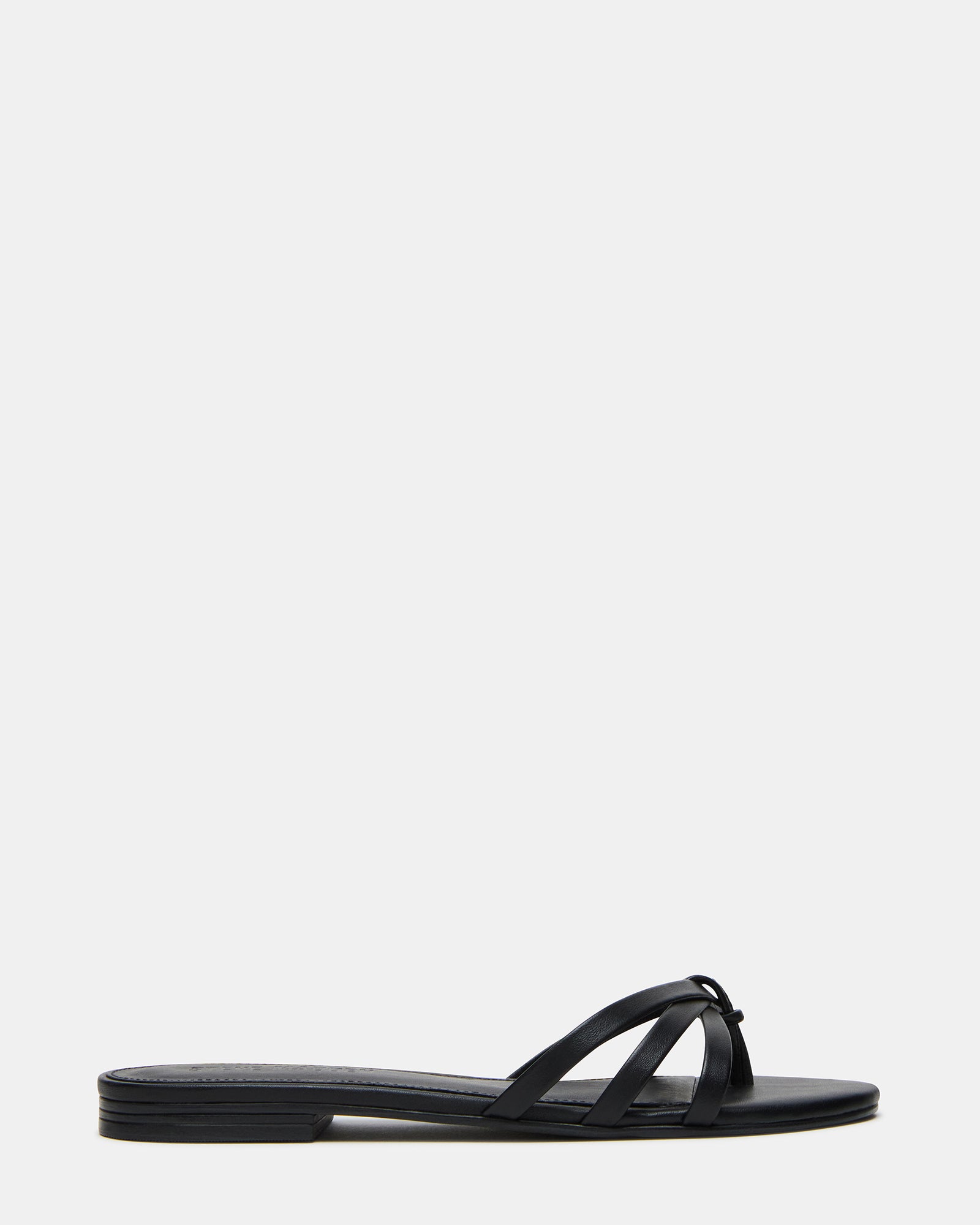 Calissi black flat sandals with strappy design on a white background.