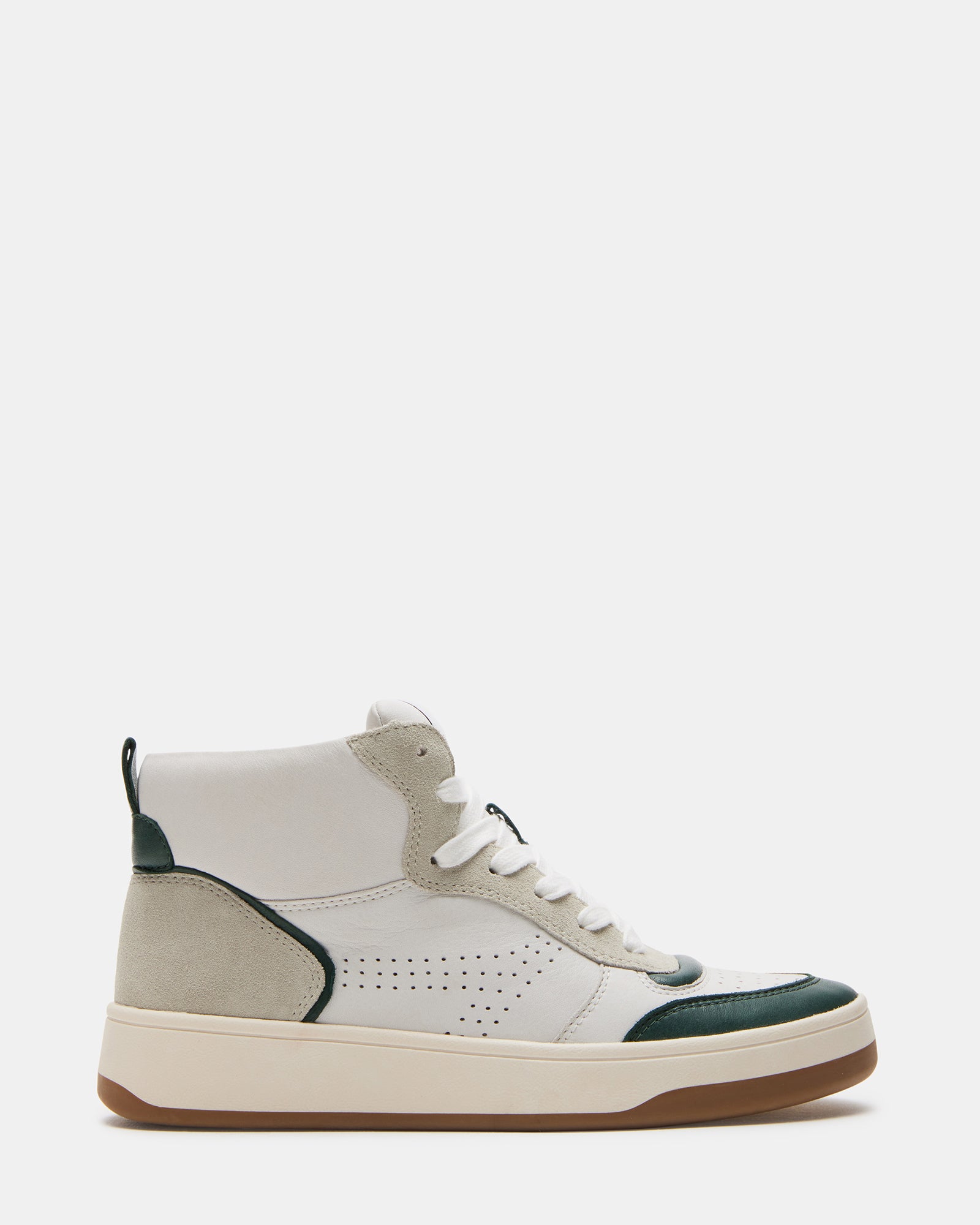 Side view of flatform green sneakers with perforated detailing and leather panels
