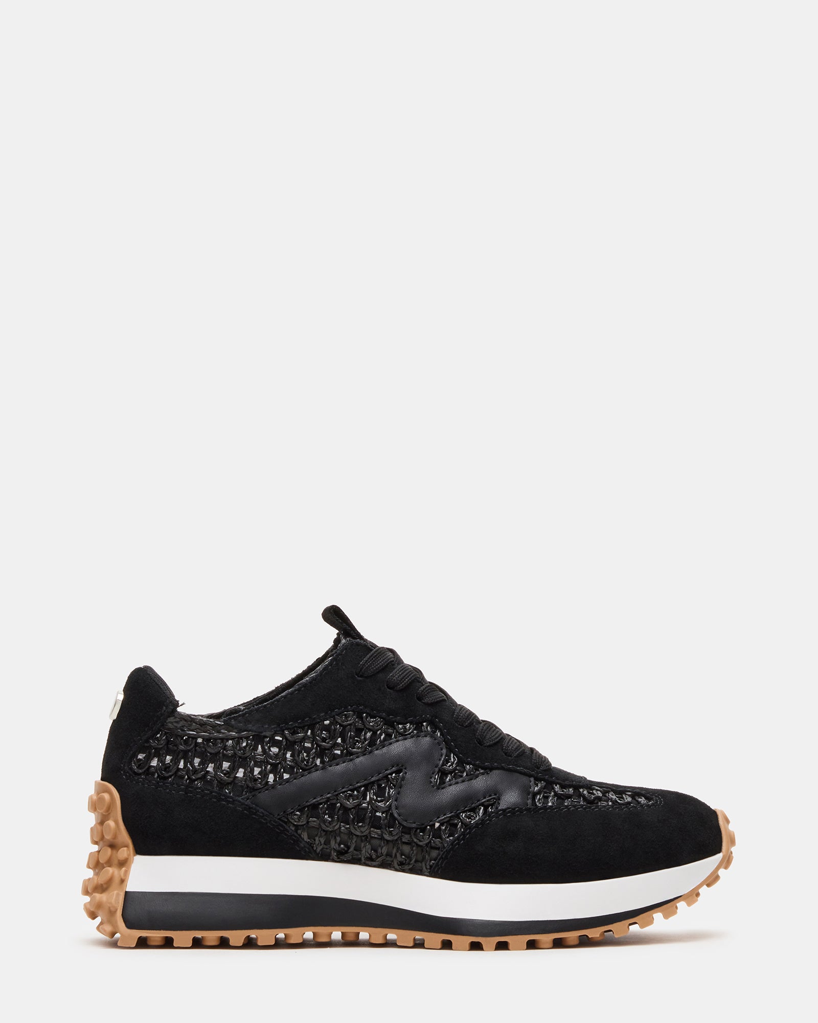 Side view of Campo women's black platform sneakers showcasing dynamic design.