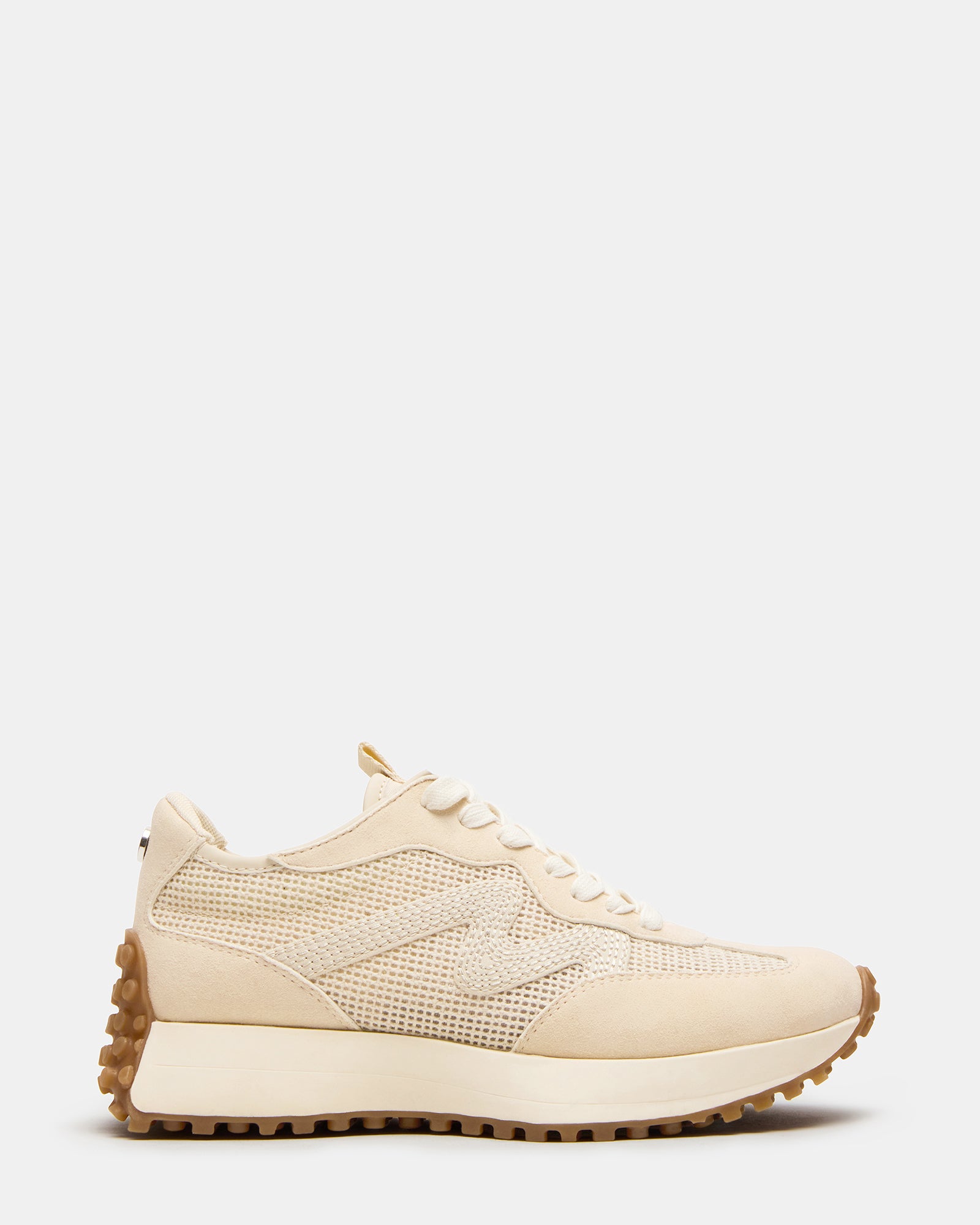 Campo brown suede sneakers side view showcasing platform sole and raffia accents
