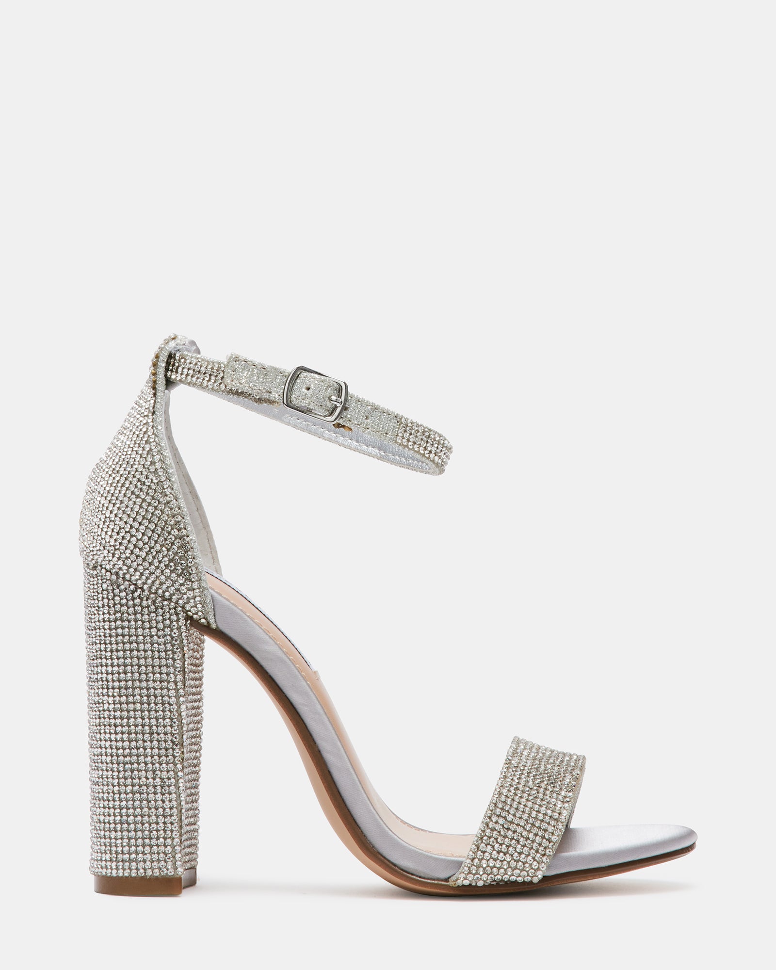 Black Carrson rhinestone heels angled view, showcasing crystal details