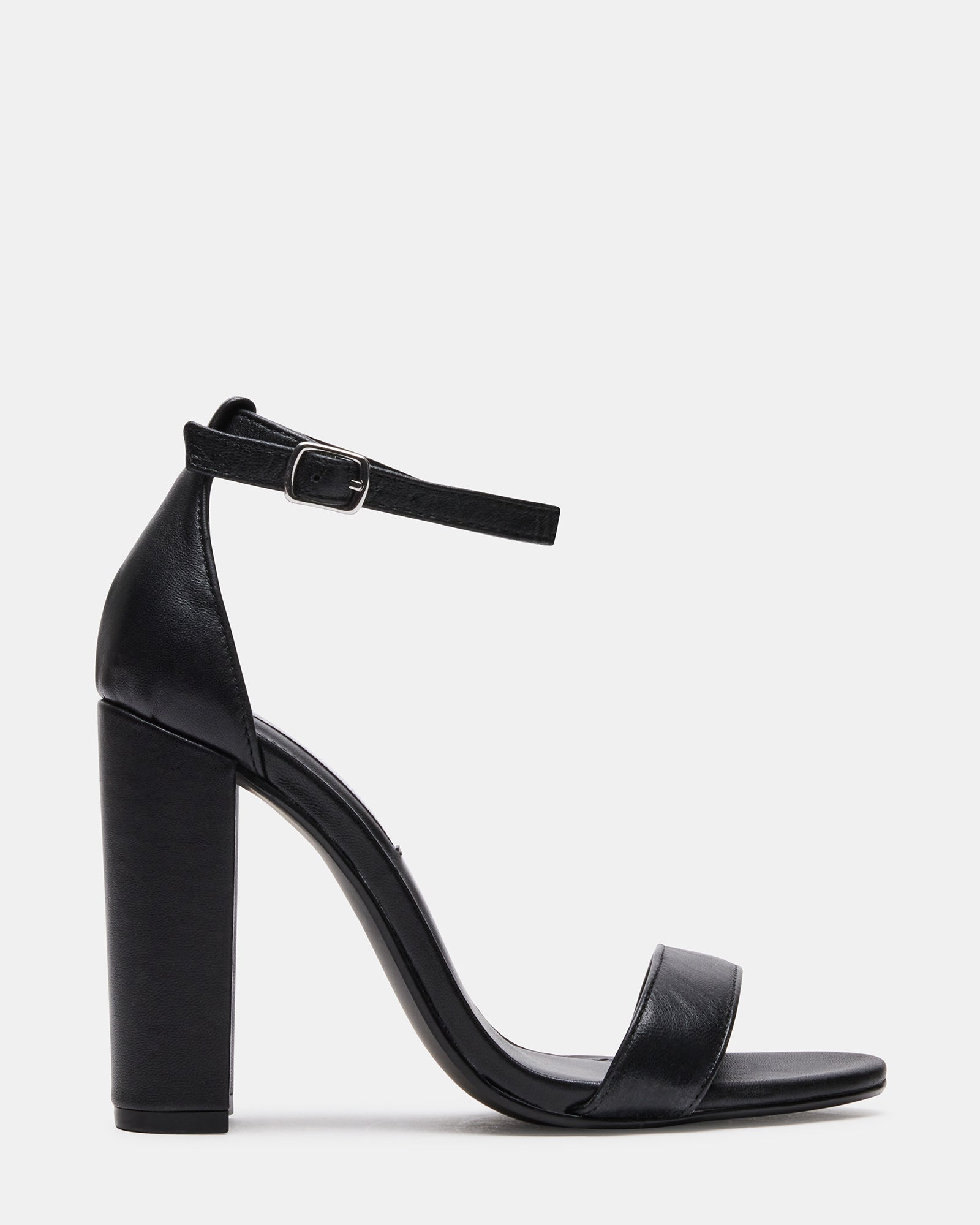 Front view of Carrson black leather sandals with adjustable strap and block heel