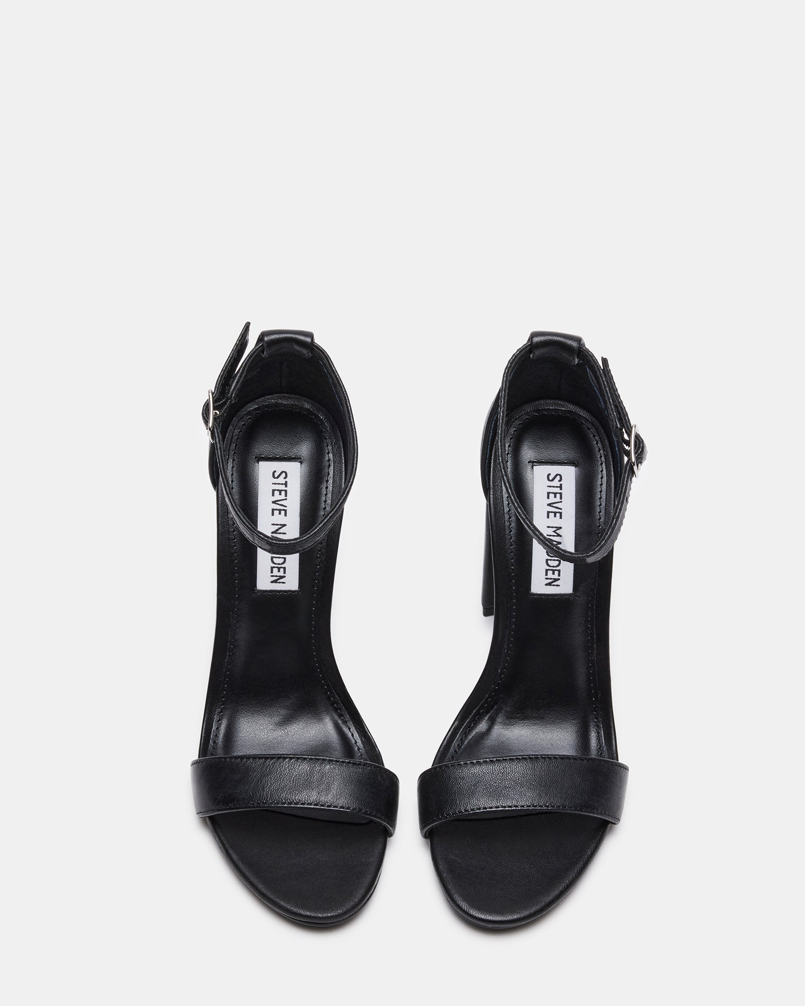 Front view of Carrson black leather sandals with adjustable strap and block heel