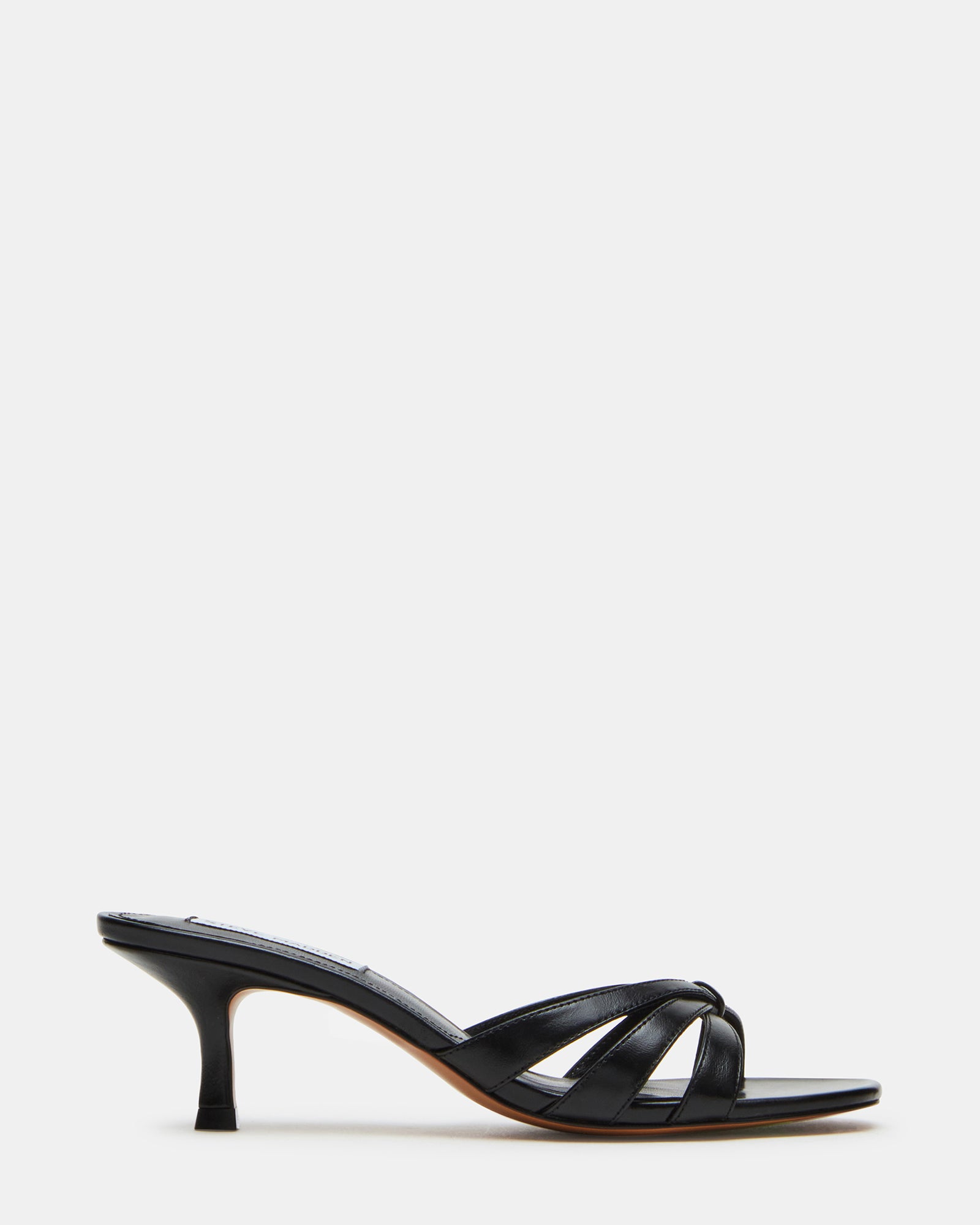 Side view of black mules heels with square toe and 2.75-inch heel