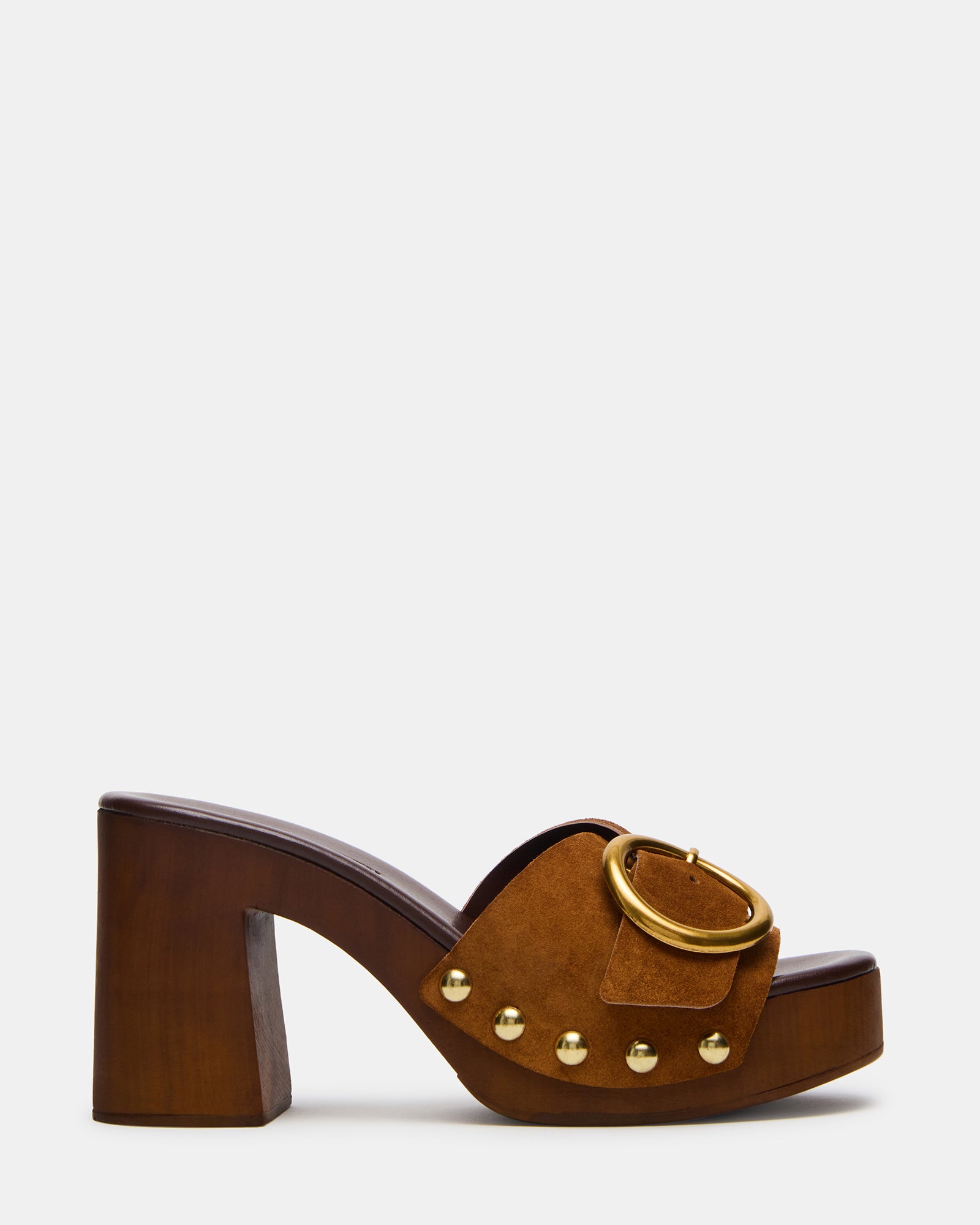 Side view of suede mule sandals with wooden platform base and buckle strap.