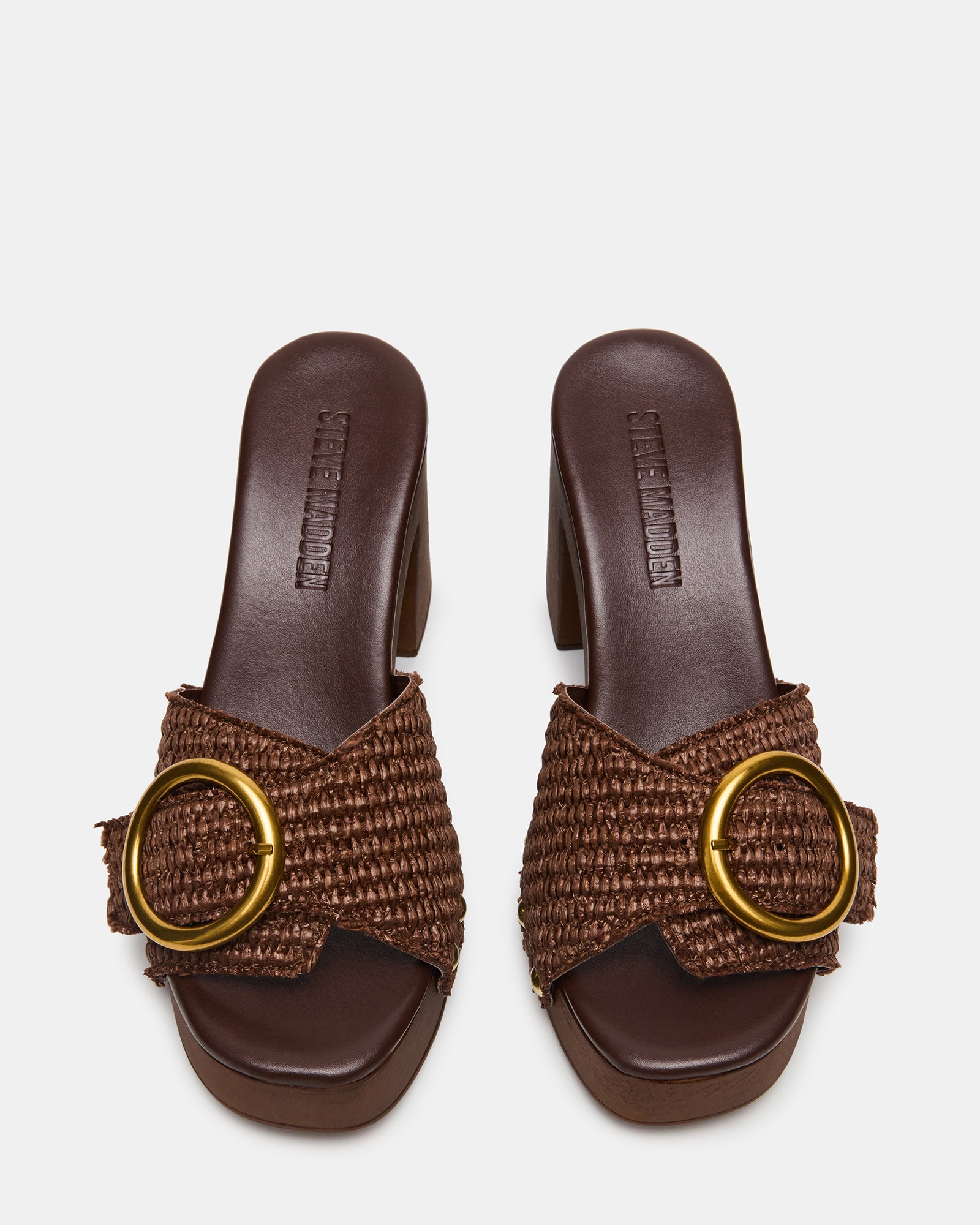 Front angle of mule sandals showing raffia texture and wooden sole