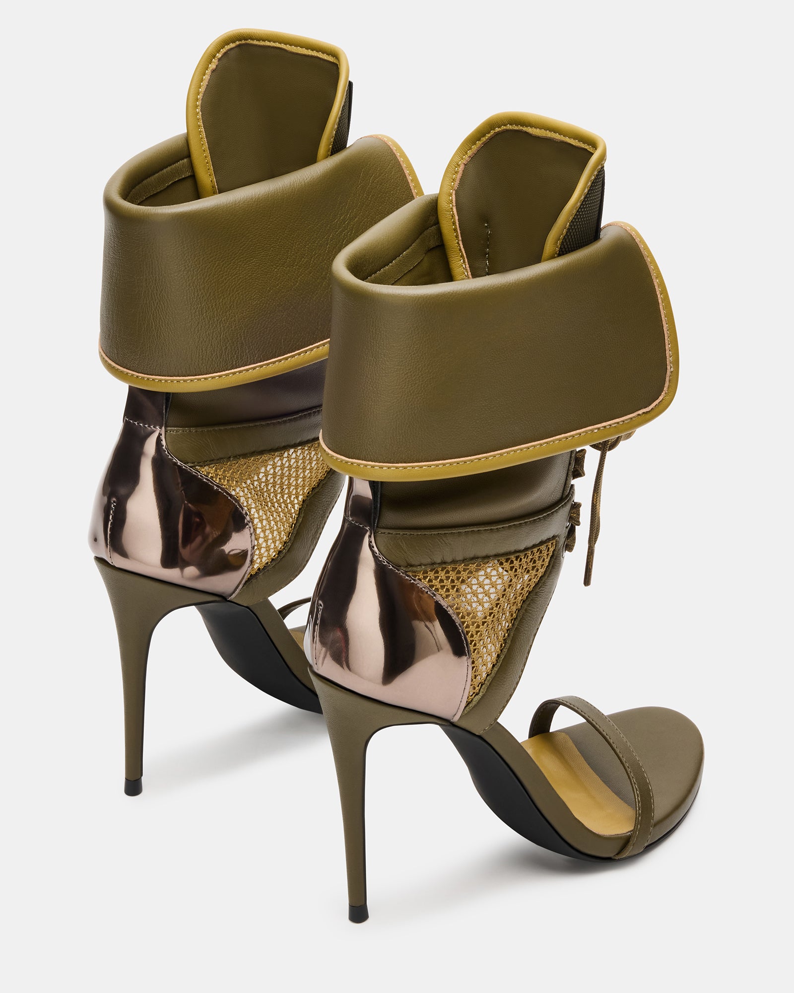 Close-up of black open toe heels showcasing the intricate lace-up design.