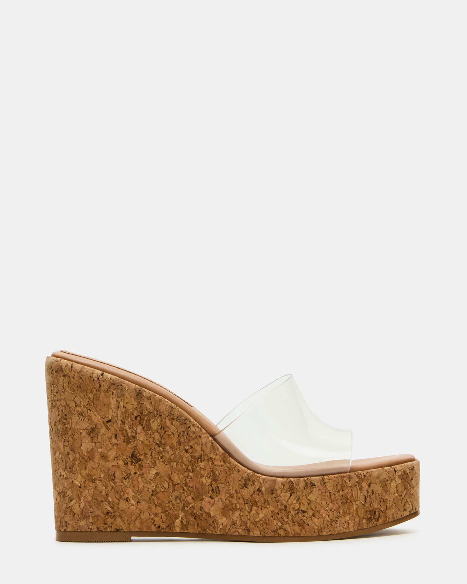 Side view of Cayman Clear platform wedge sandals with square toe design