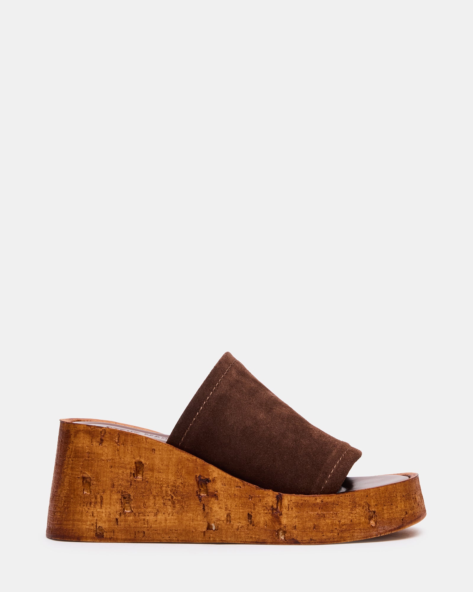 Side view of Cellar Brown Suede wedge sandals highlighting the square toe and wood sole