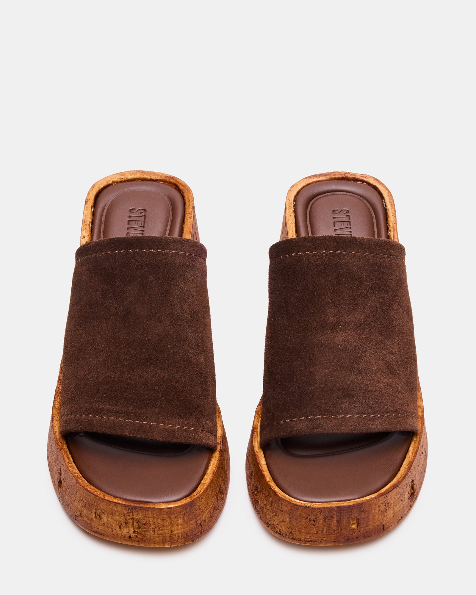 Side view of Cellar Brown Suede wedge sandals highlighting the square toe and wood sole