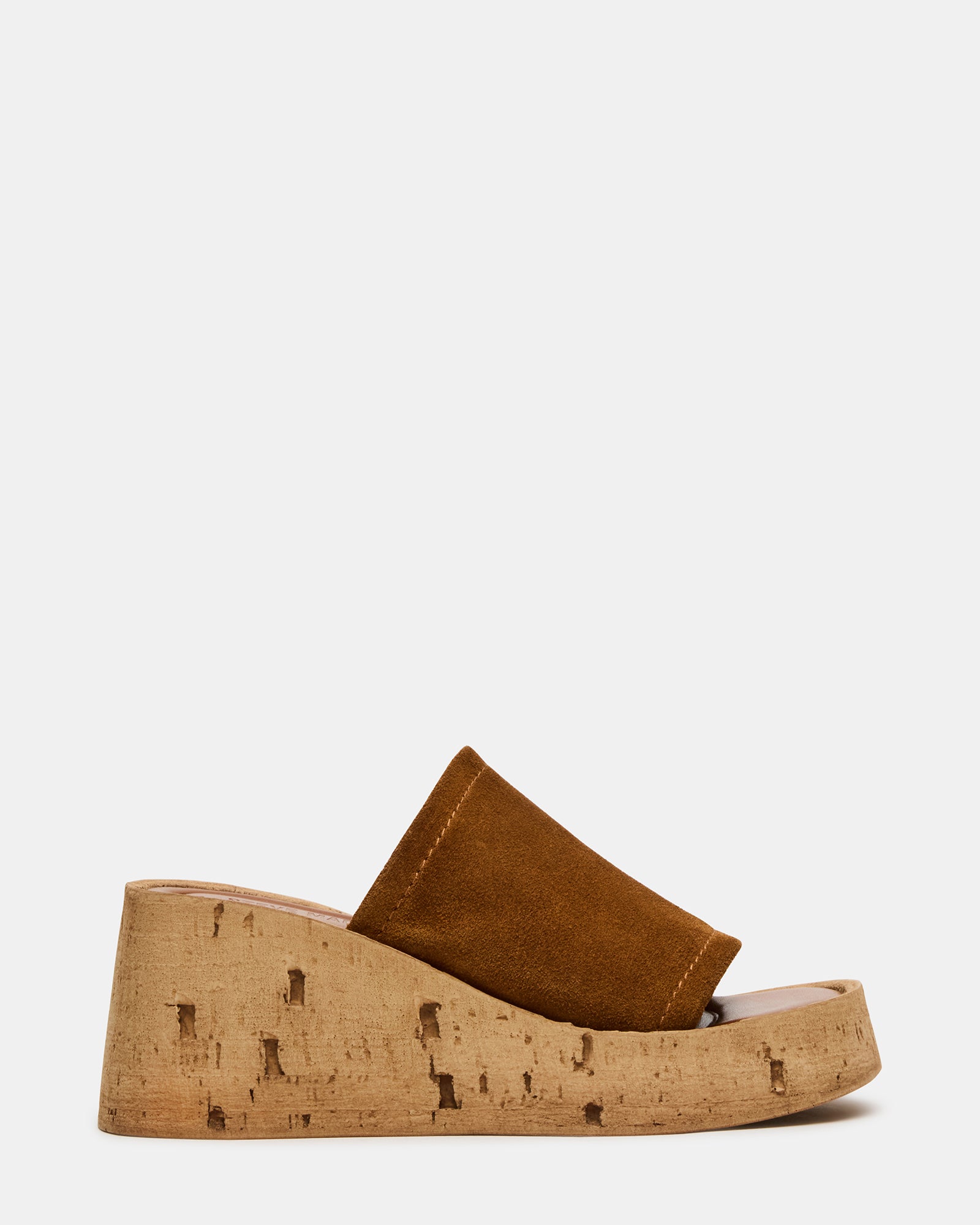 Side view of CELLAR chestnut suede wedge sandals with square toe and wedge heel