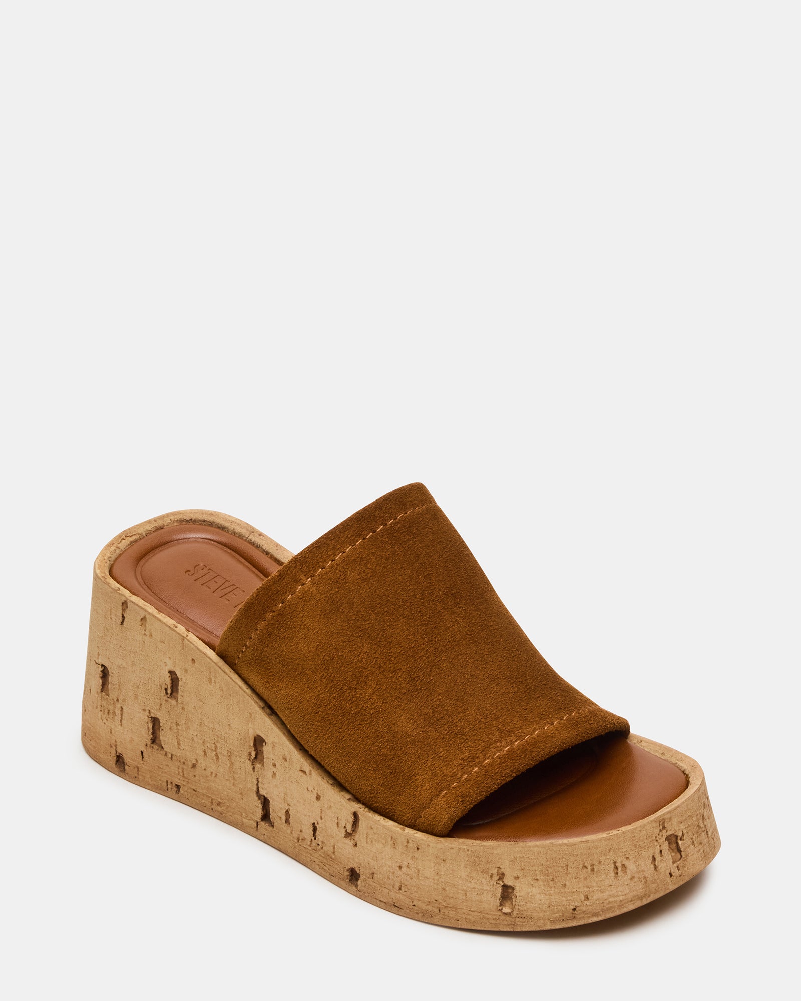 Top view of the suede upper and square toe design of CELLAR wedge sandals