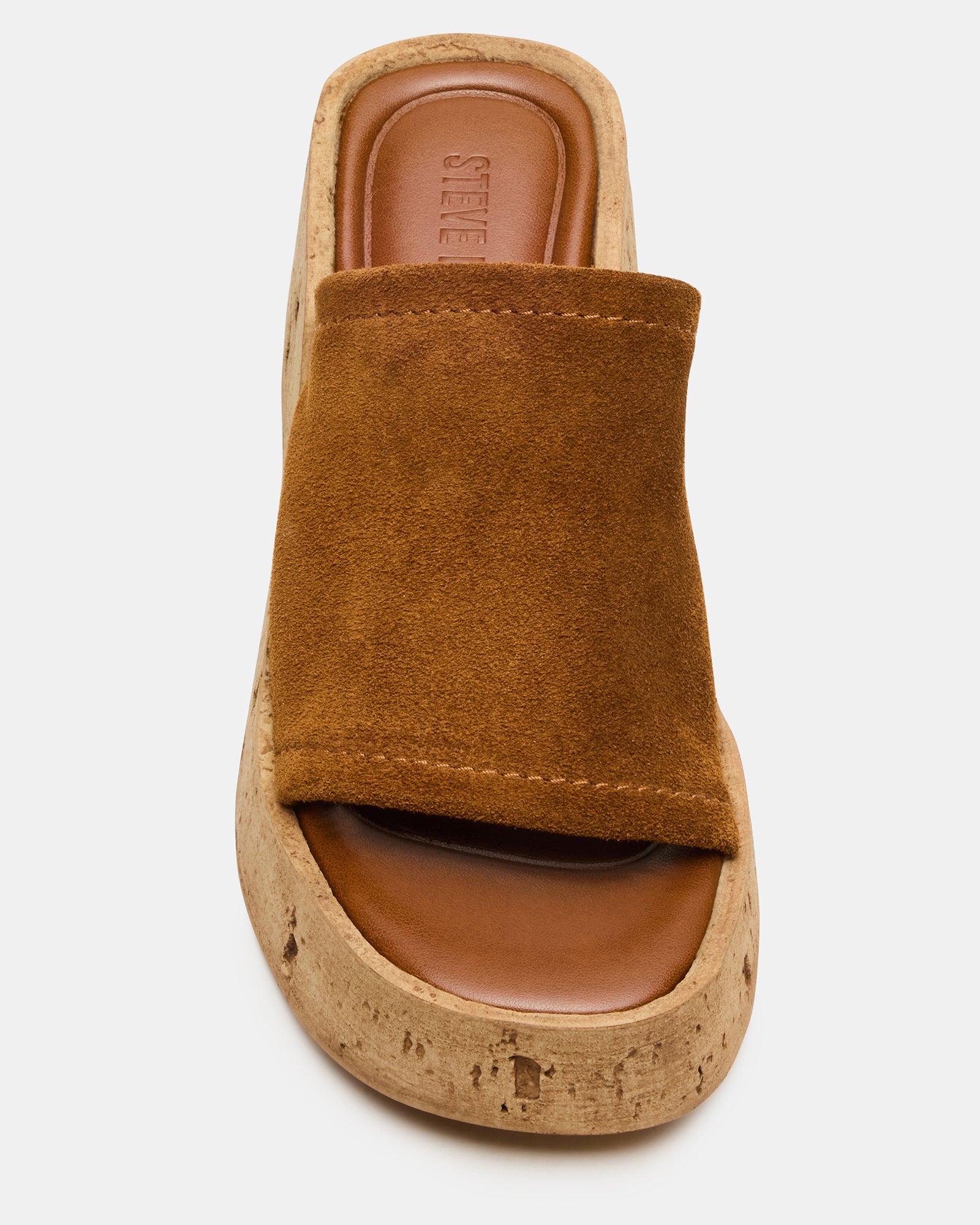 Side view of CELLAR chestnut suede wedge sandals with square toe and wedge heel