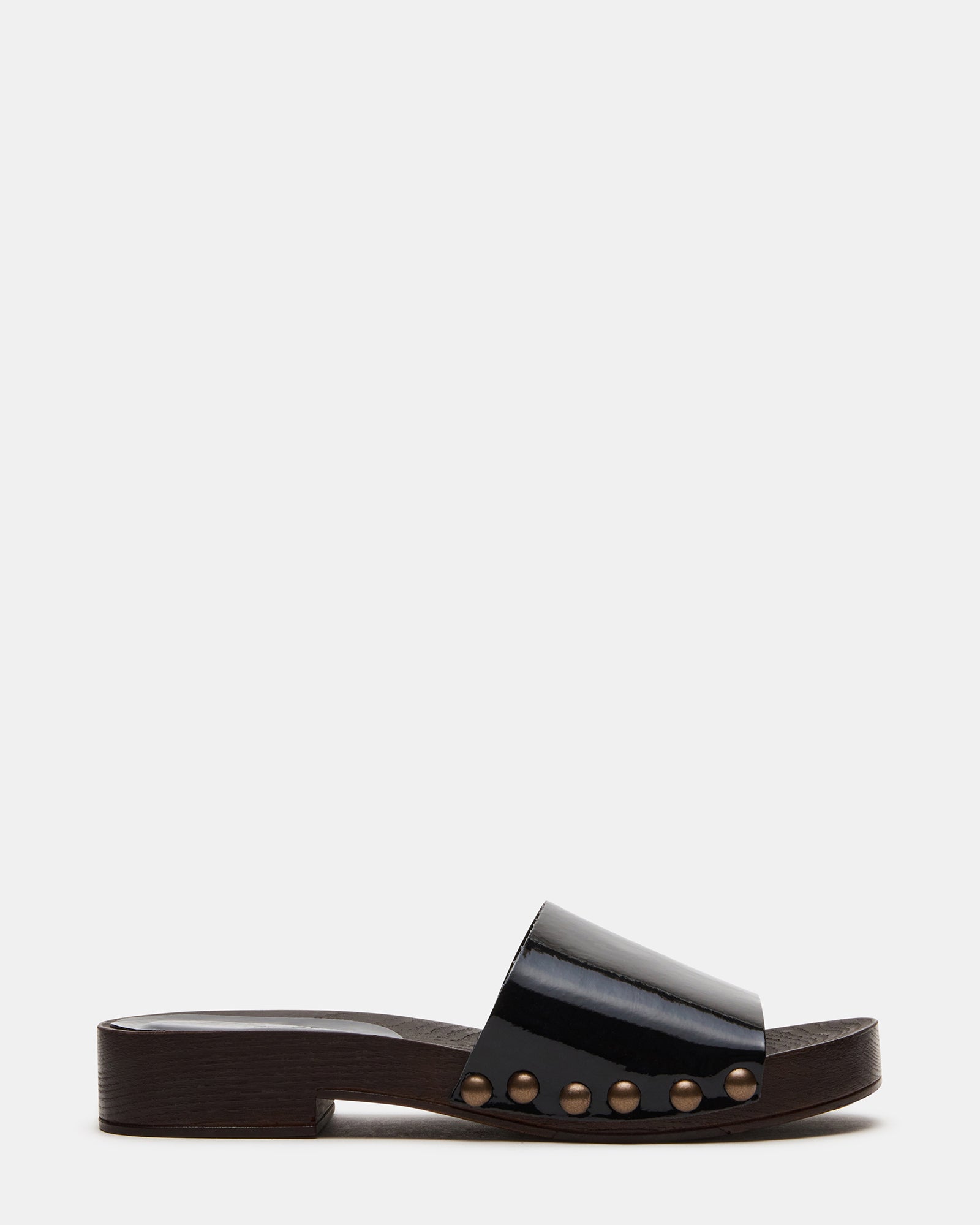 Side view of black patent studded slide sandals with platform heel for women