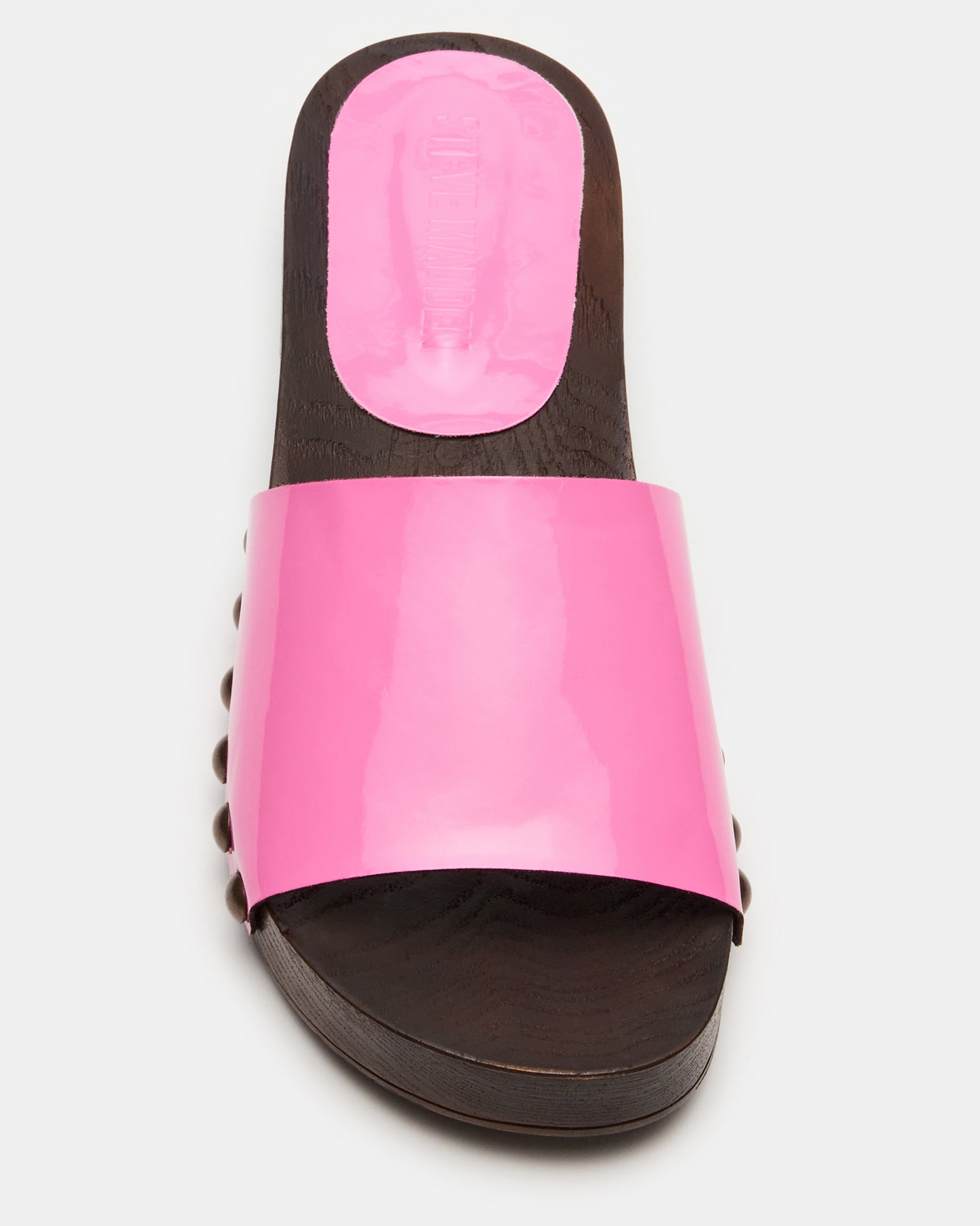 Close-up of Cento studded slide sandals showcasing chic studs.