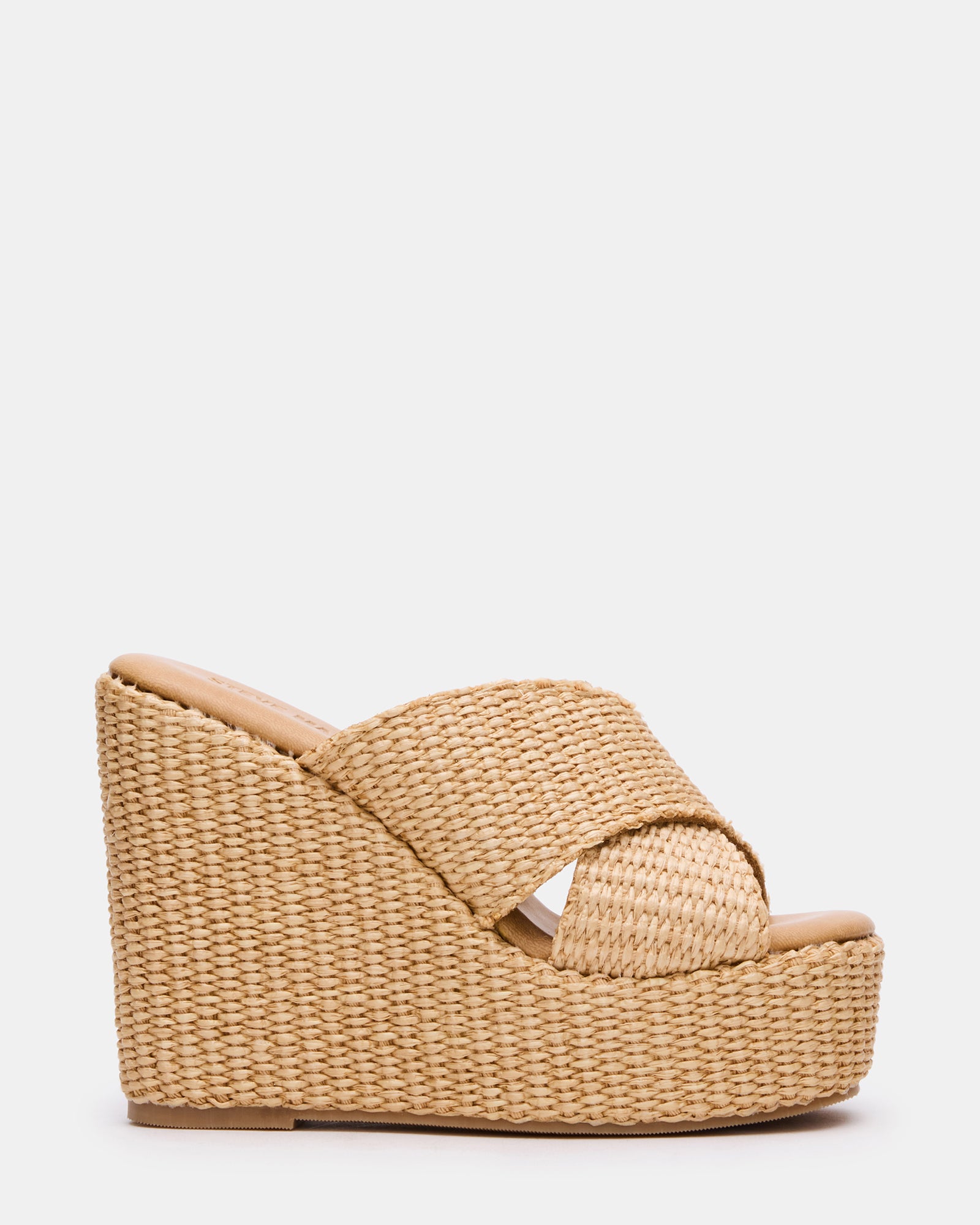 Side view of Cercei wedge shoes showing the raffia texture and heel height
