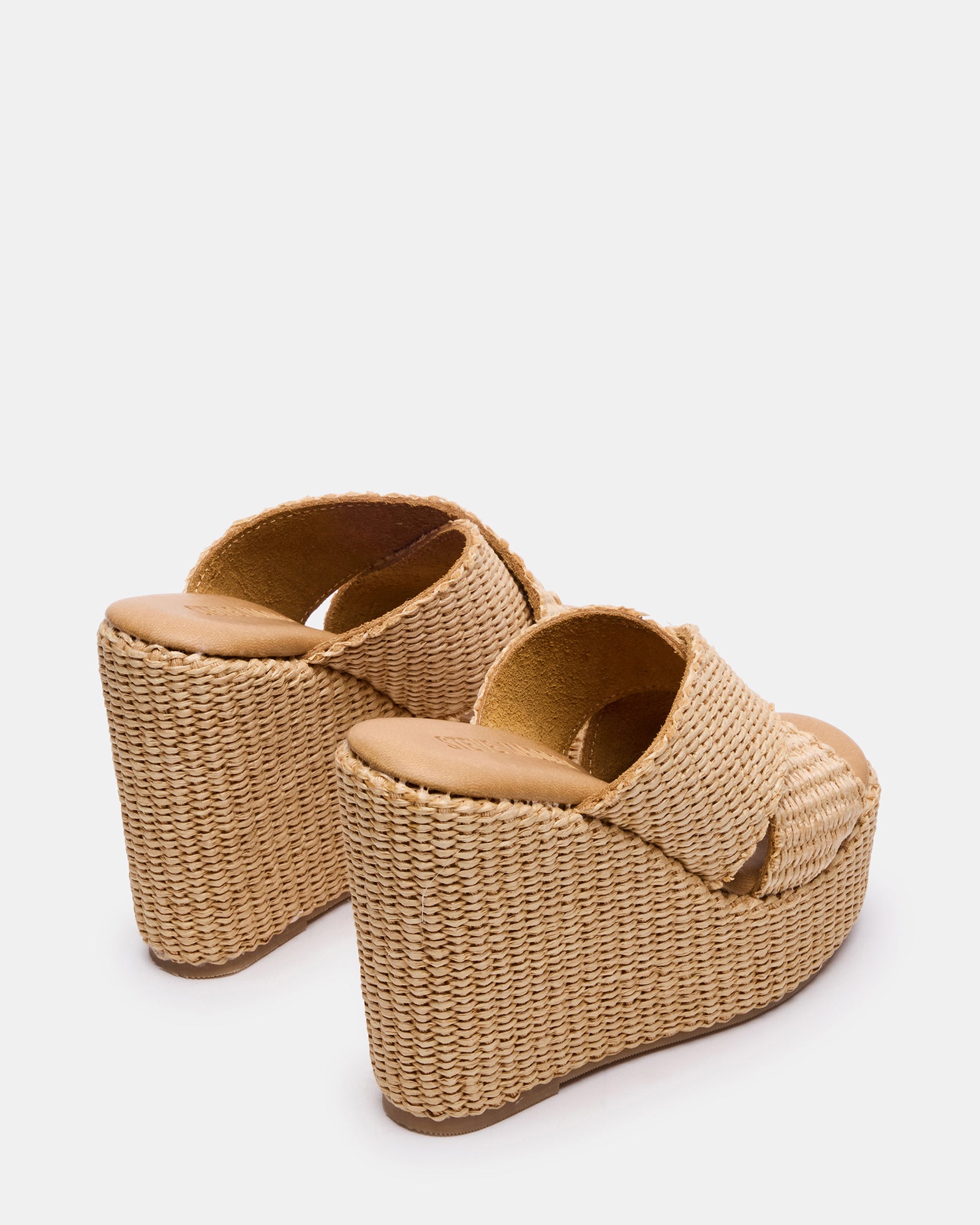 Close-up of black platform sandals featuring square-toe and mule construction
