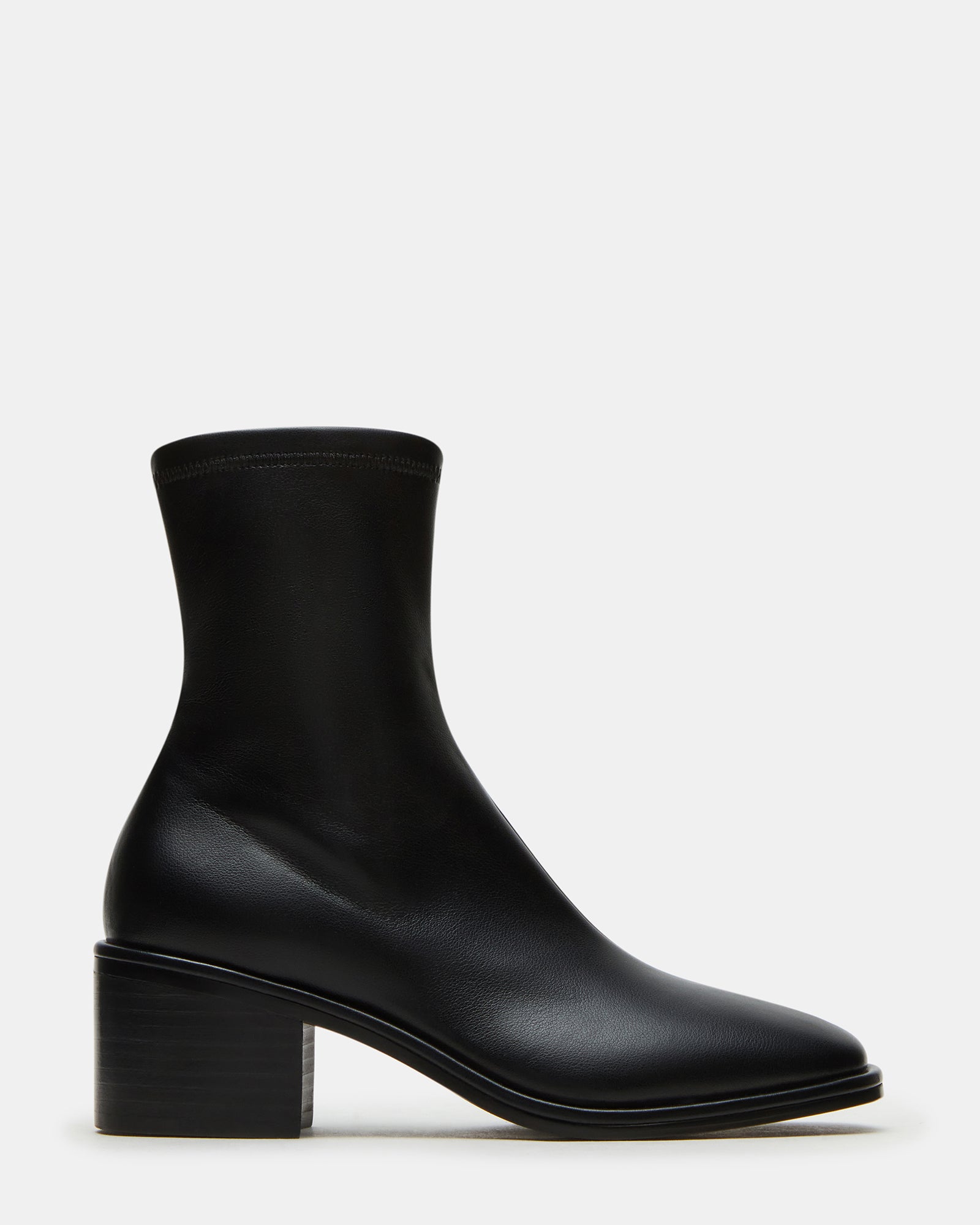 Side view of CIARA Black vegan leather ankle boots with inside zip and block heel