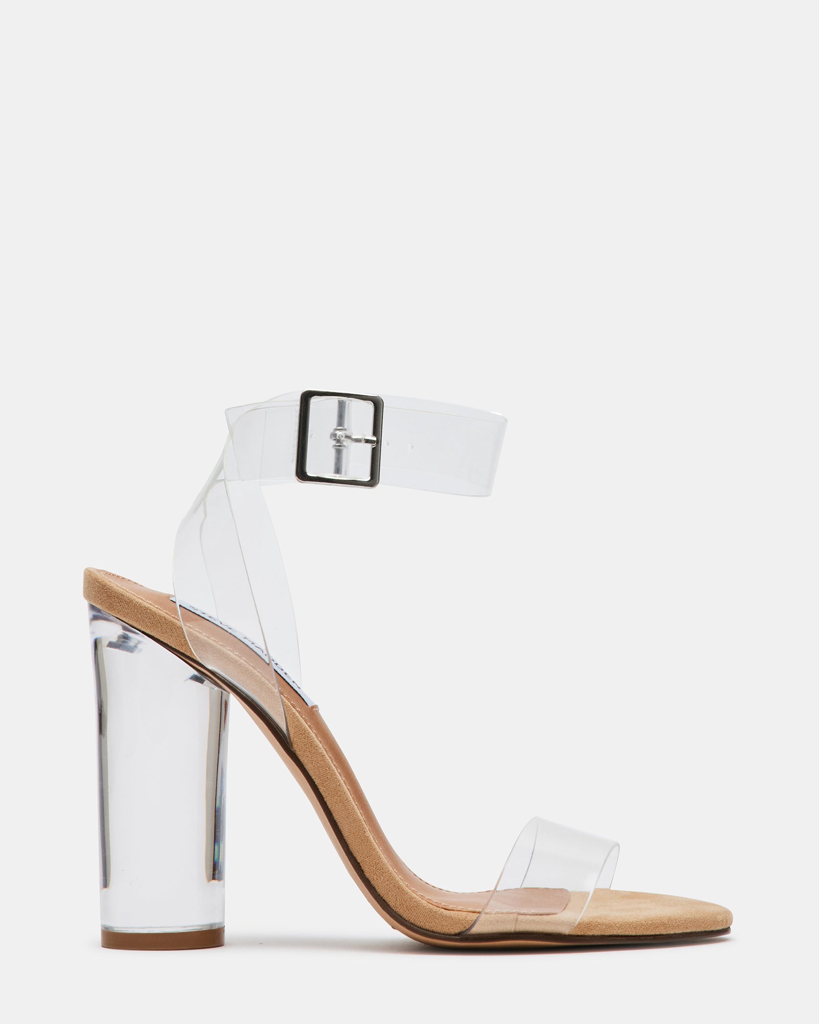 Side view of CLEARER CLEAR transparent high heel sandals showing lucite heel